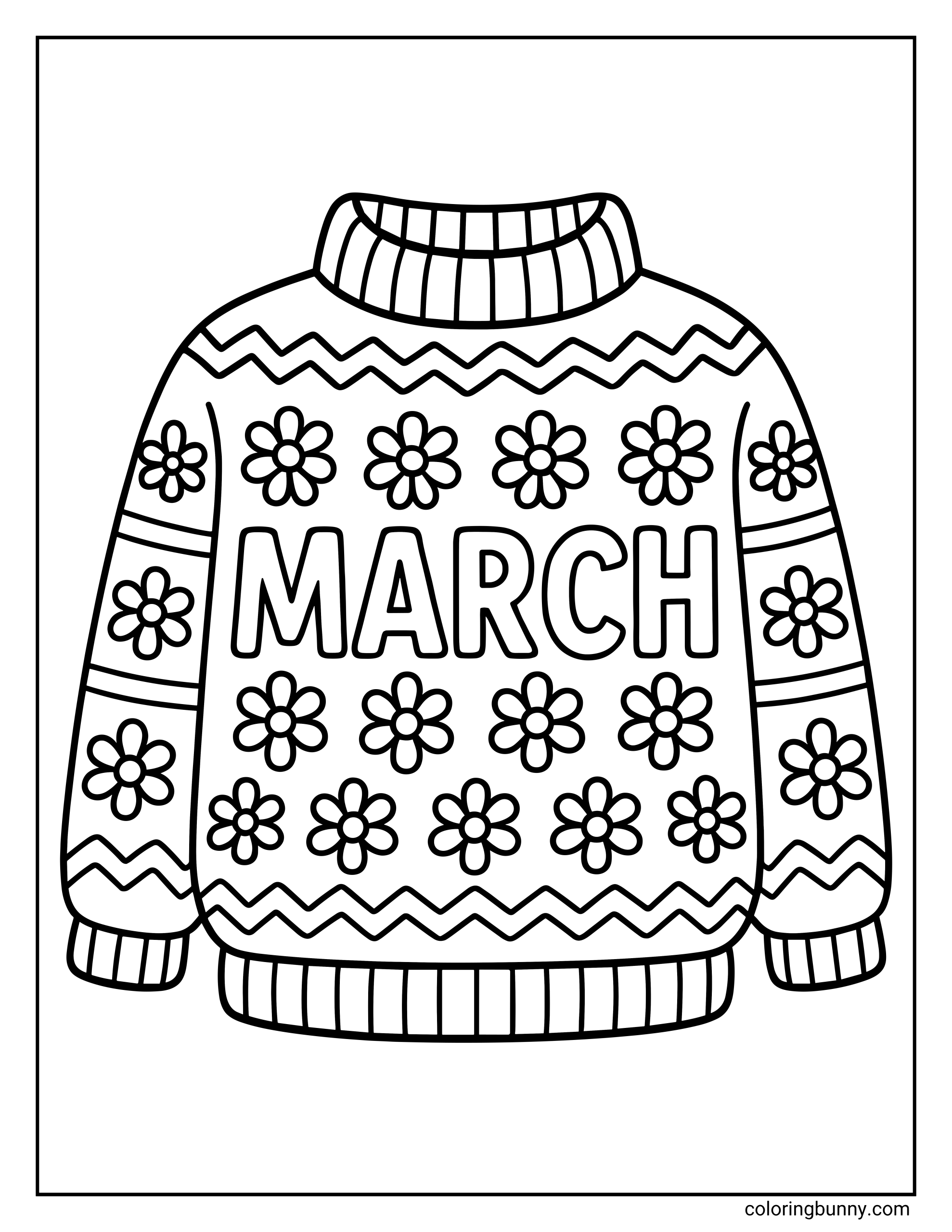 A coloring page of a knitted sweater featuring the word "MARCH" in the center, surrounded by a pattern of daisy flowers and zig-zag lines.