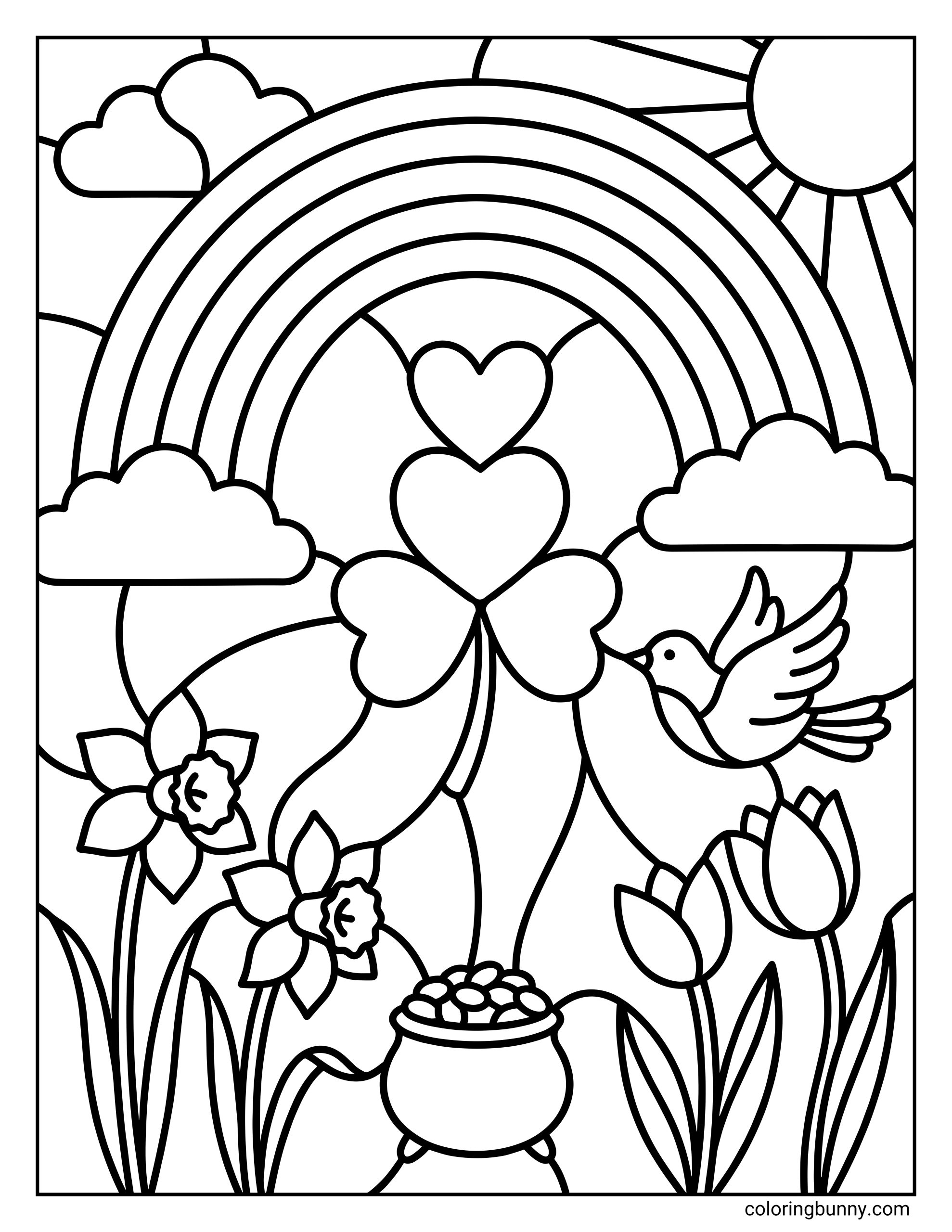 A stained glass style March coloring page featuring a rainbow arching over a large shamrock and a pot of gold, with a bird flying among spring flowers and the sun.
