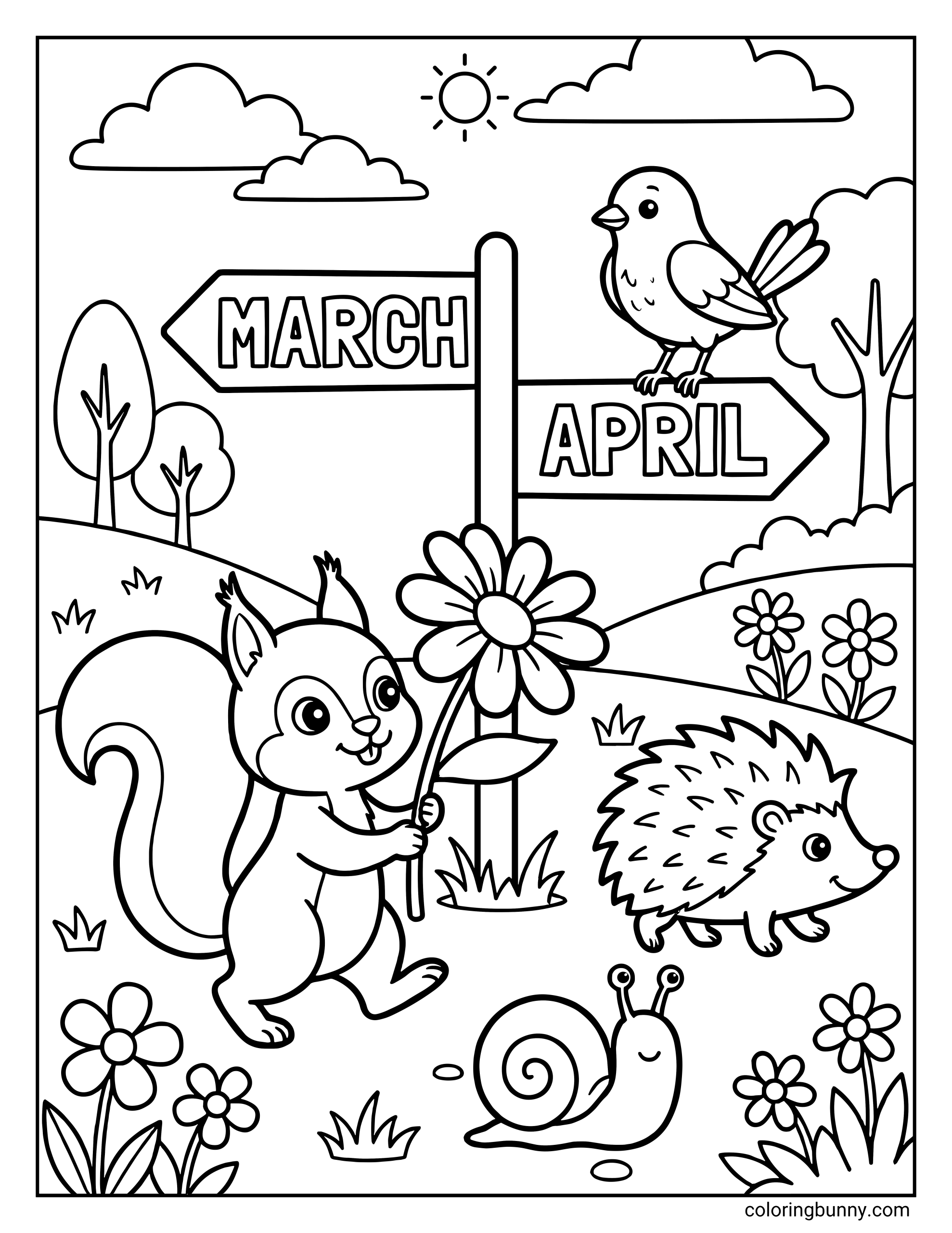 An April coloring page of a squirrel holding a flower, a hedgehog, and a snail near a signpost pointing from "MARCH" to "APRIL," with a bird perched on top.