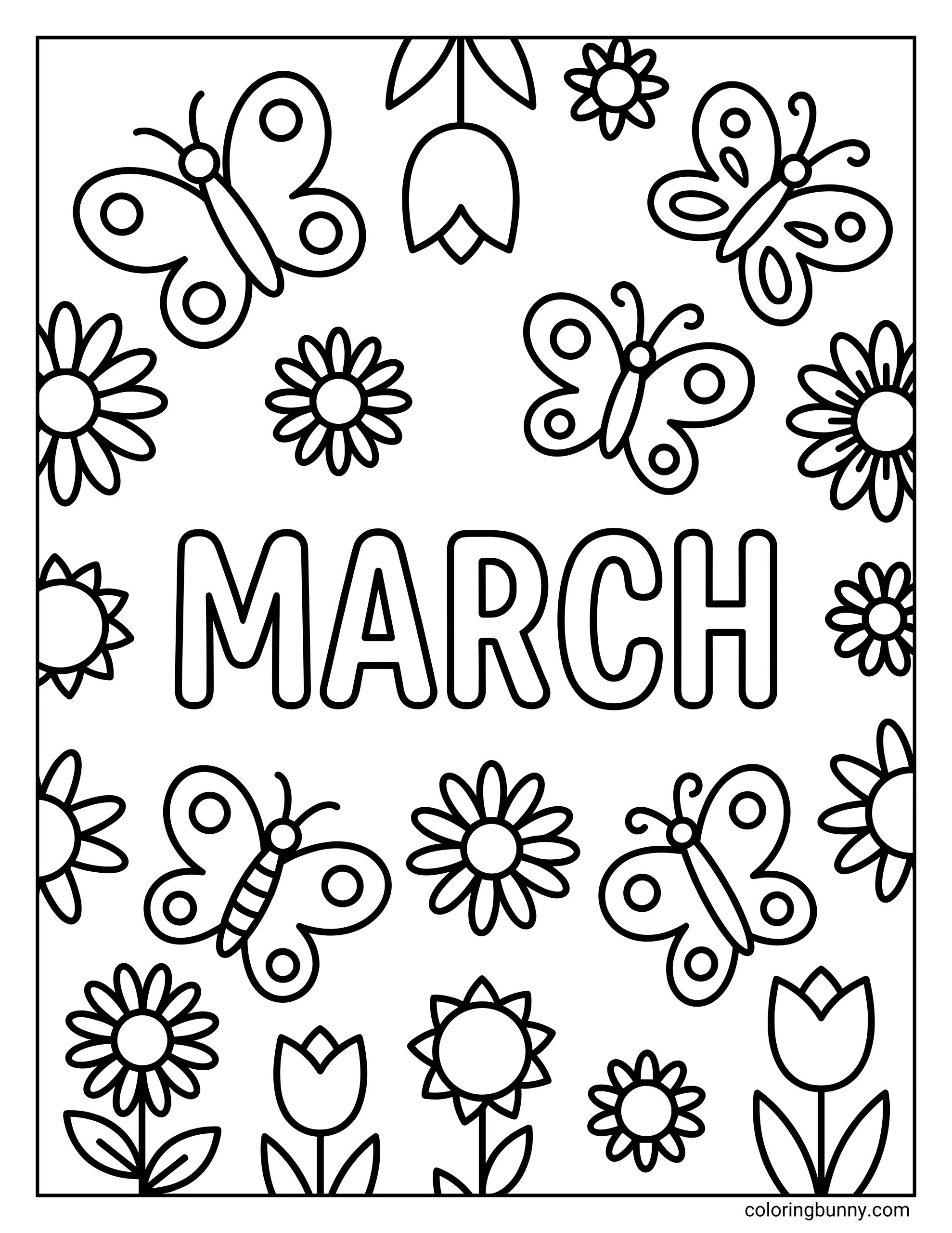 A cheerful March coloring page featuring the word "MARCH" surrounded by fluttering butterflies, blooming daisies, and tulips.