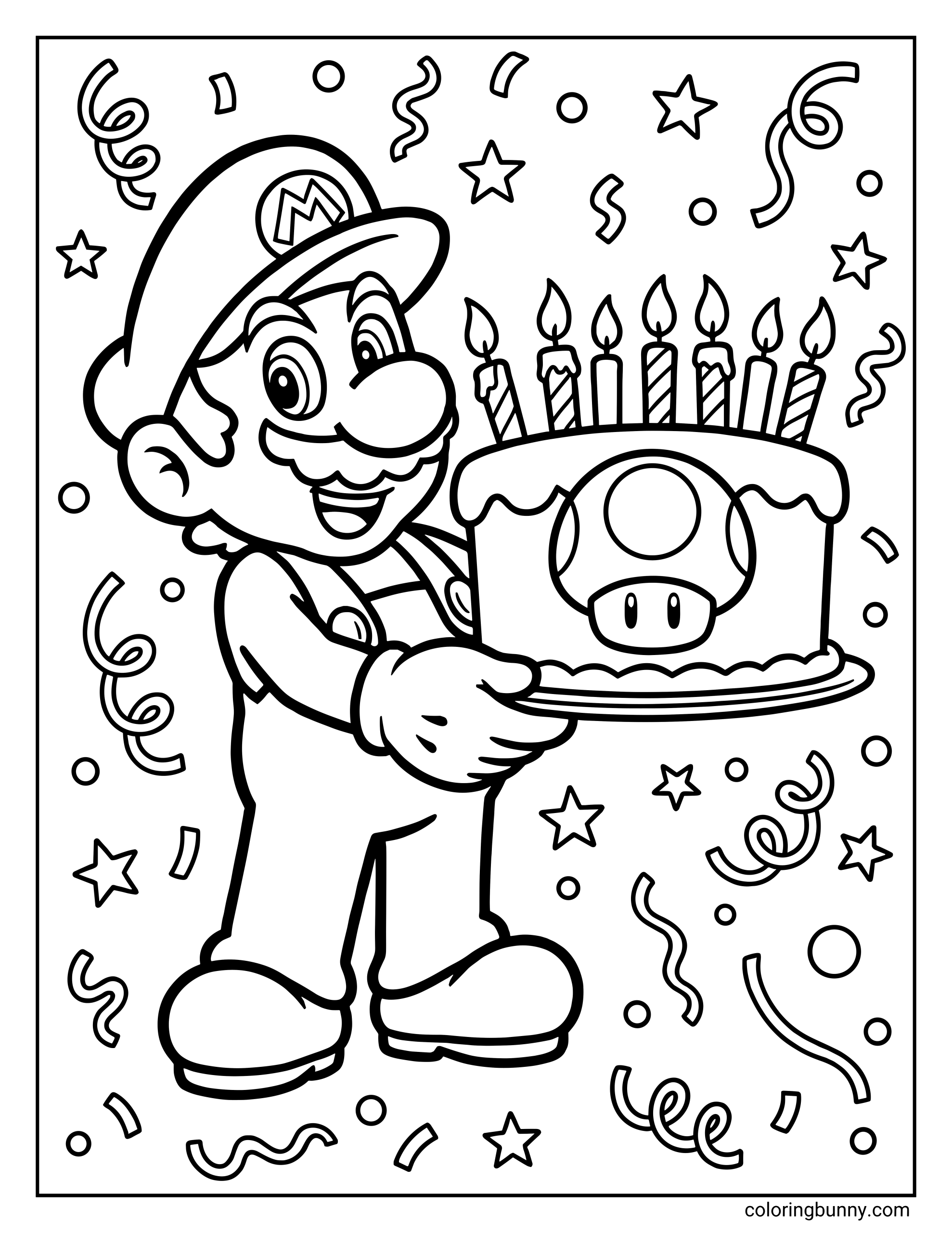 A Mario birthday coloring page featuring Mario smiling proudly while holding a birthday cake topped with lit candles. The cake is decorated with a Super Mushroom design, and the background is filled with stars, streamers, and confetti for a festive party atmosphere.
