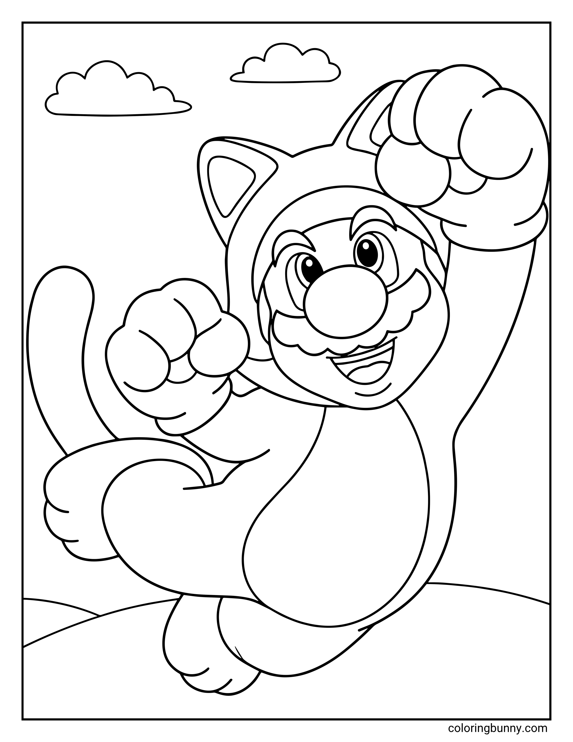 A coloring page of Mario in his cat power-up suit jumping joyfully into the air. The page features thick, simple lines and a minimal background with soft hills and fluffy clouds.