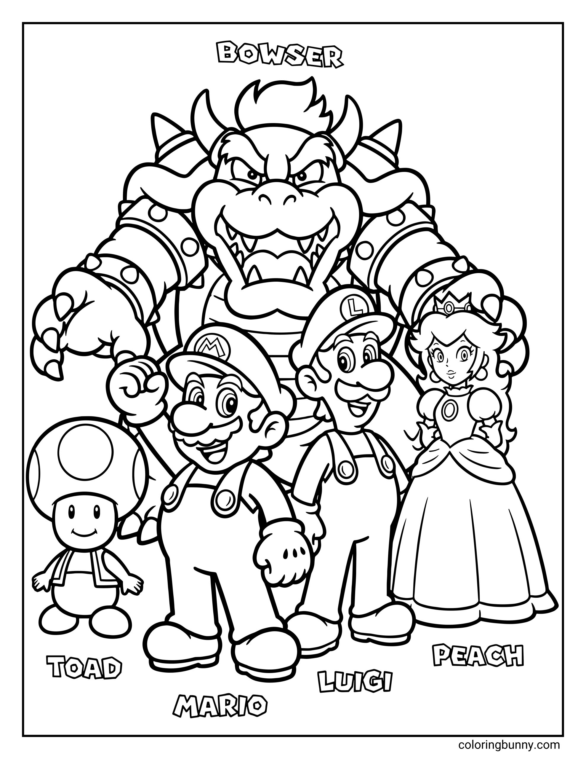A Mario characters coloring page featuring Mario, Luigi, Princess Peach, and Toad standing together in the foreground, with Bowser looming behind them. Each character is clearly labeled, with Bowser towering menacingly while the others pose confidently. The scene uses bold, clean outlines and a simple composition that makes each character easy to color.