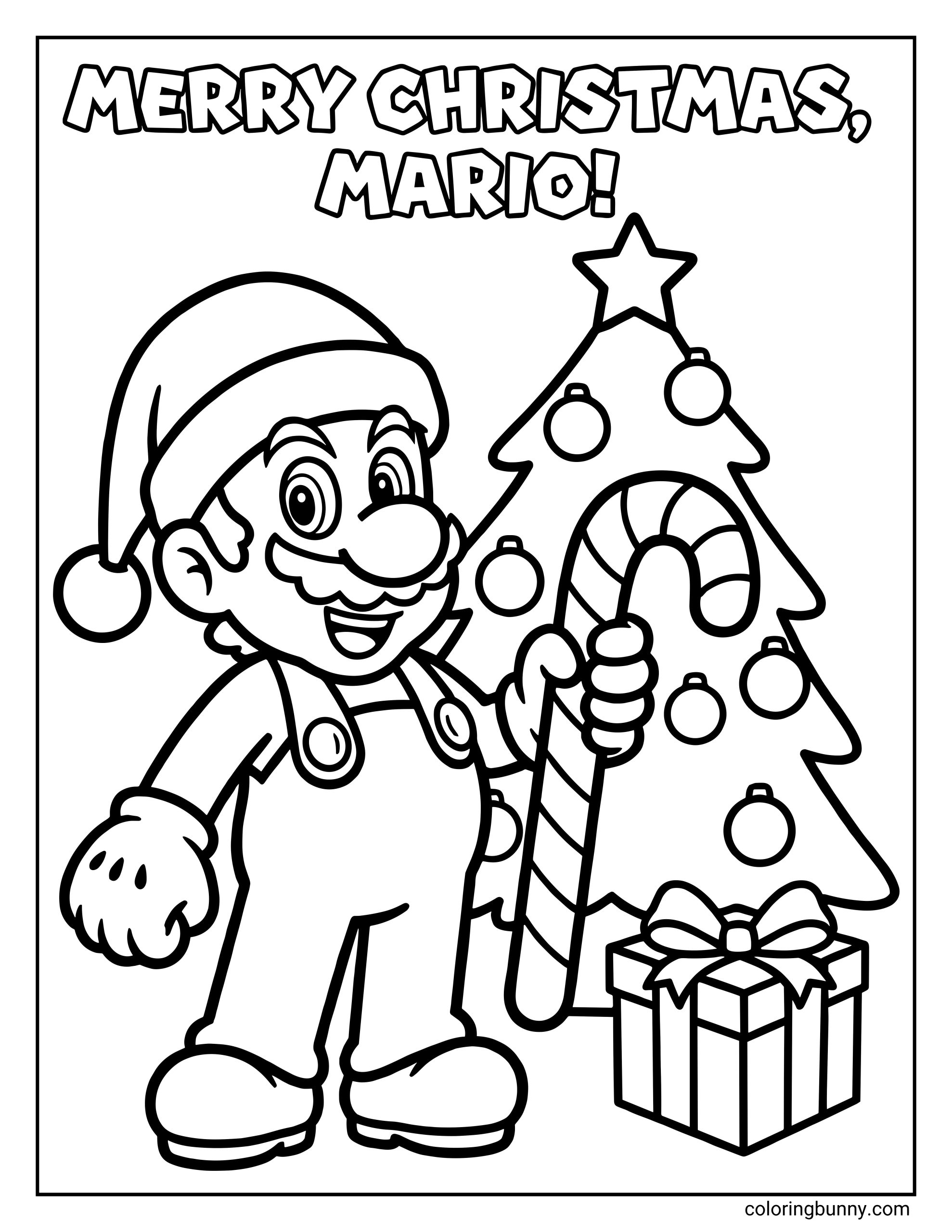 A Mario Christmas coloring page featuring Mario wearing a Santa hat and smiling beside a decorated Christmas tree. Mario holds a candy cane while ornaments, a star topper, and a wrapped present complete the festive scene. The bold, clean outlines and simple layout make this page easy and cheerful to color.