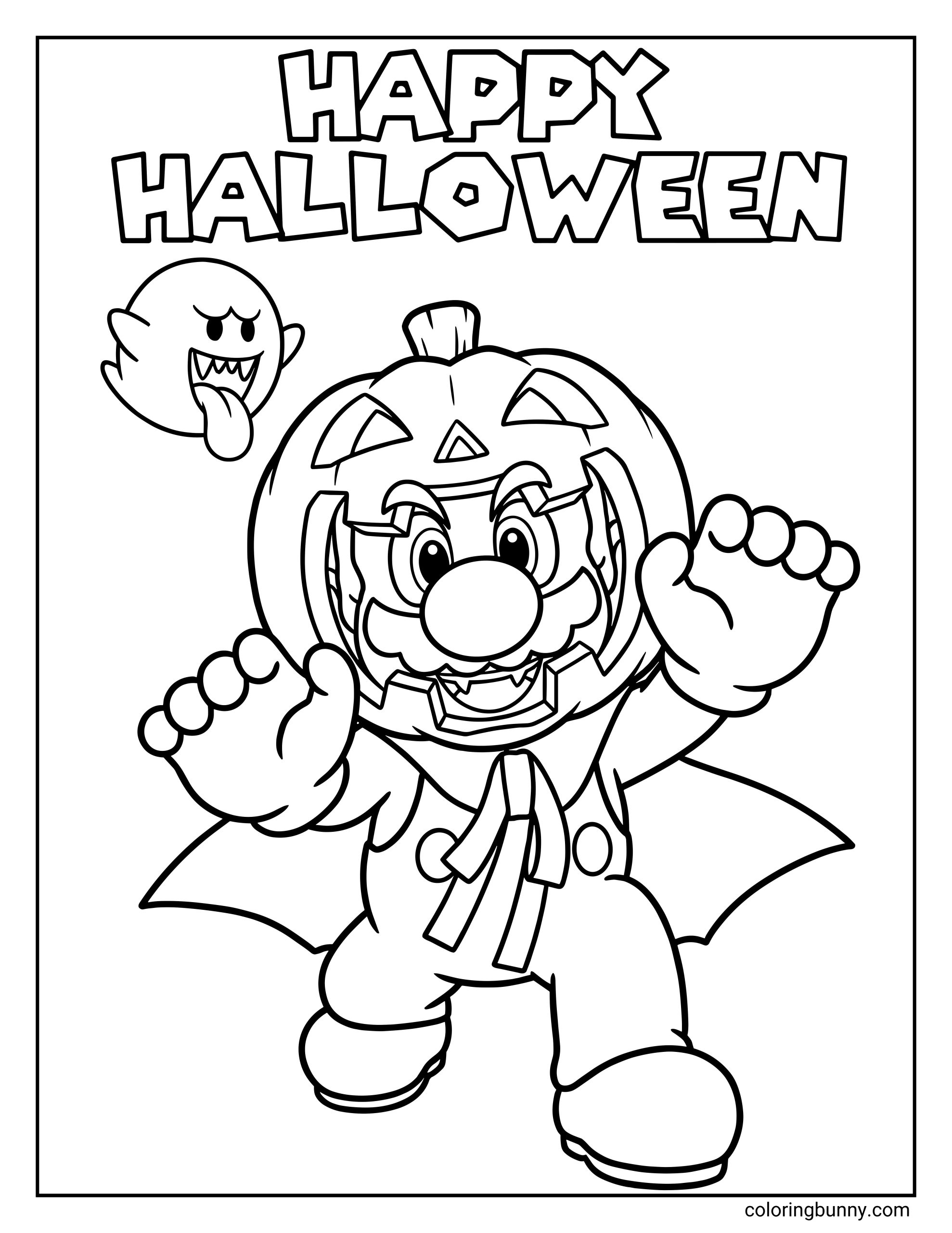 A Mario Halloween coloring page featuring Mario dressed in a spooky jack-o’-lantern costume with bat-style wings, reaching forward as if to give a playful scare. A smiling Boo ghost floats nearby, and bold “Happy Halloween” text appears at the top. Clean outlines and a simple background make this festive scene easy and fun to color.