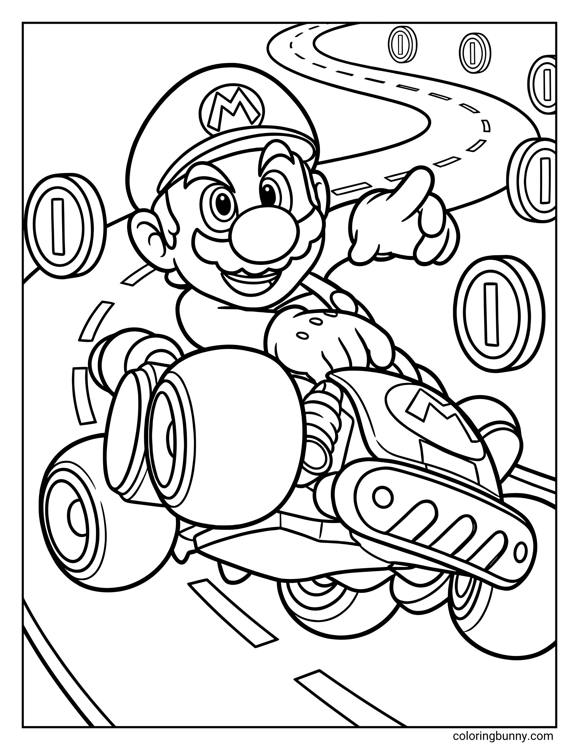 A Mario Kart racing coloring page featuring Mario speeding along a winding racetrack in his go-kart. Mario grips the wheel with one hand and points forward with the other, smiling confidently as coins float around the track. The curving road, motion lines, and bold kart details create a fast-paced scene with clean outlines.