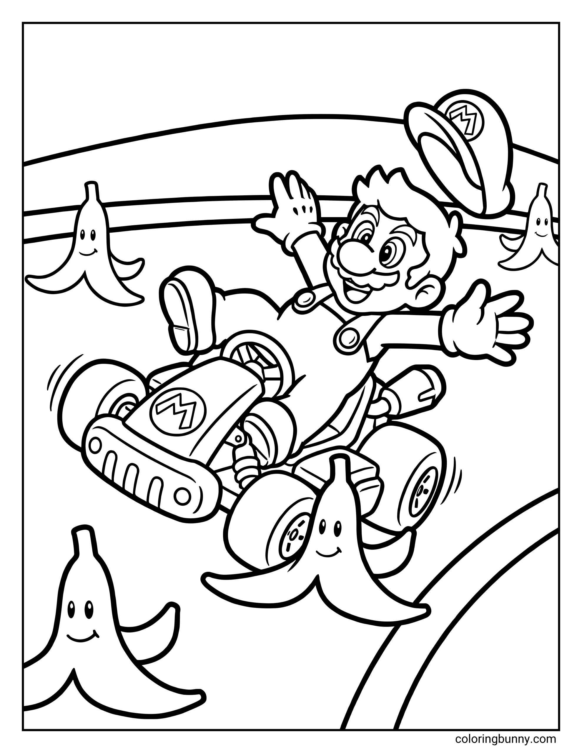 A Mario Kart–style coloring page showing Mario spinning out of control in his go-kart after slipping on a banana peel. Mario’s hat flies into the air as he throws his arms up mid-spin, while multiple smiling banana peels scatter across the racetrack. The curved track and motion lines emphasize speed and chaos, all illustrated with bold, clean outlines.