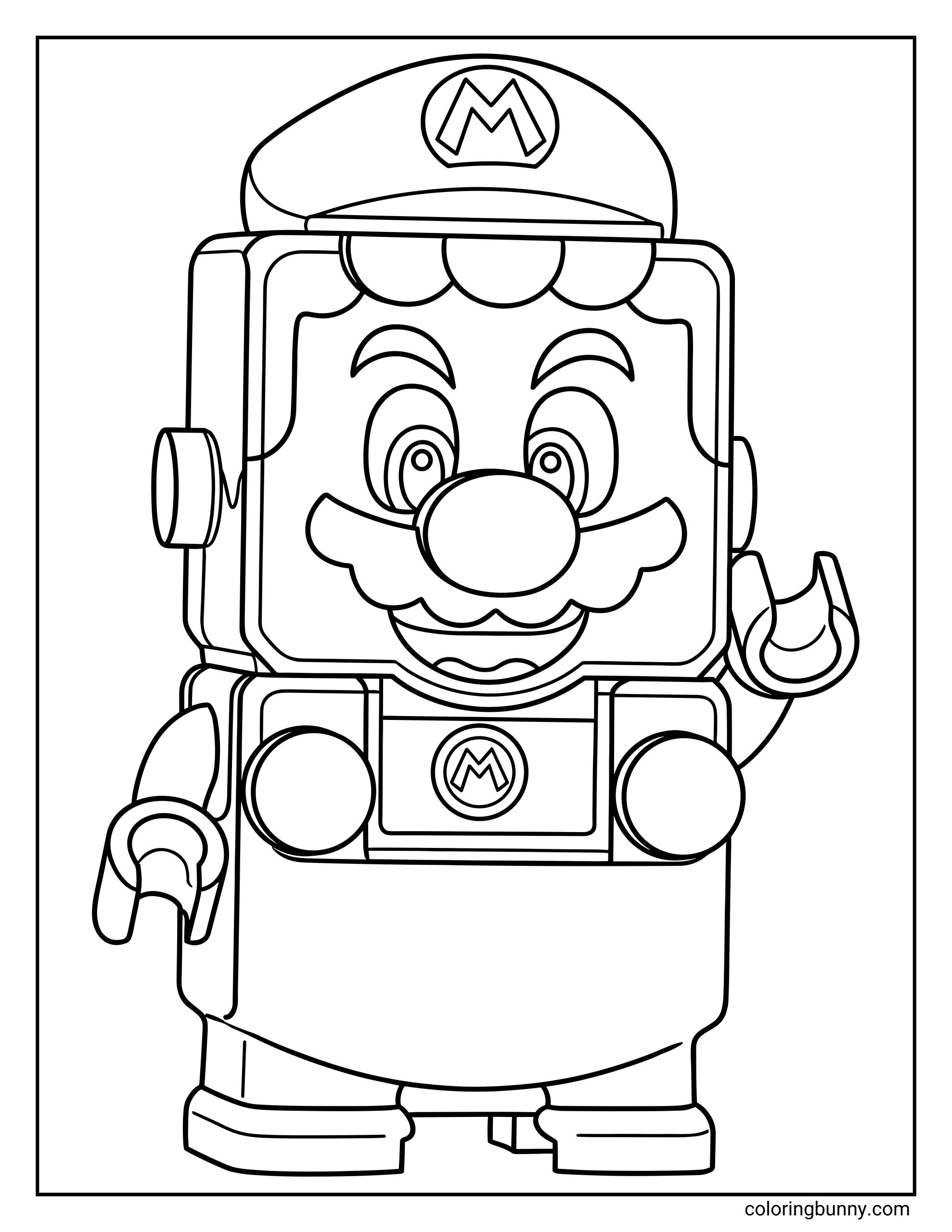 A LEGO-style Mario coloring page featuring Mario designed as a blocky LEGO minifigure. Mario wears his classic cap with the “M” logo and a square, toy-like body with articulated arms and legs.