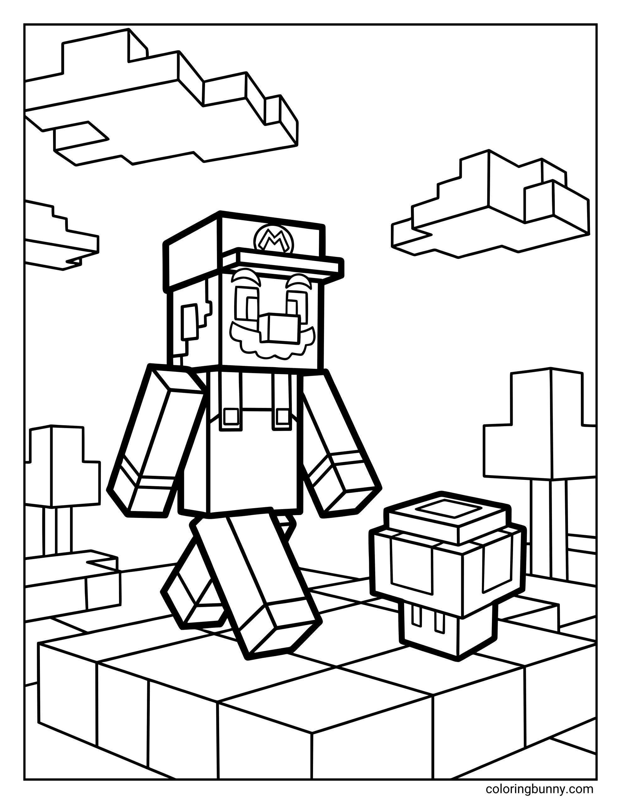 A Minecraft-style Mario coloring page featuring Mario reimagined with blocky, pixel-inspired shapes as he walks across a cubic landscape. The scene includes square clouds, blocky trees, tiled ground, and a chunky mushroom companion, all drawn with bold, clean outlines.