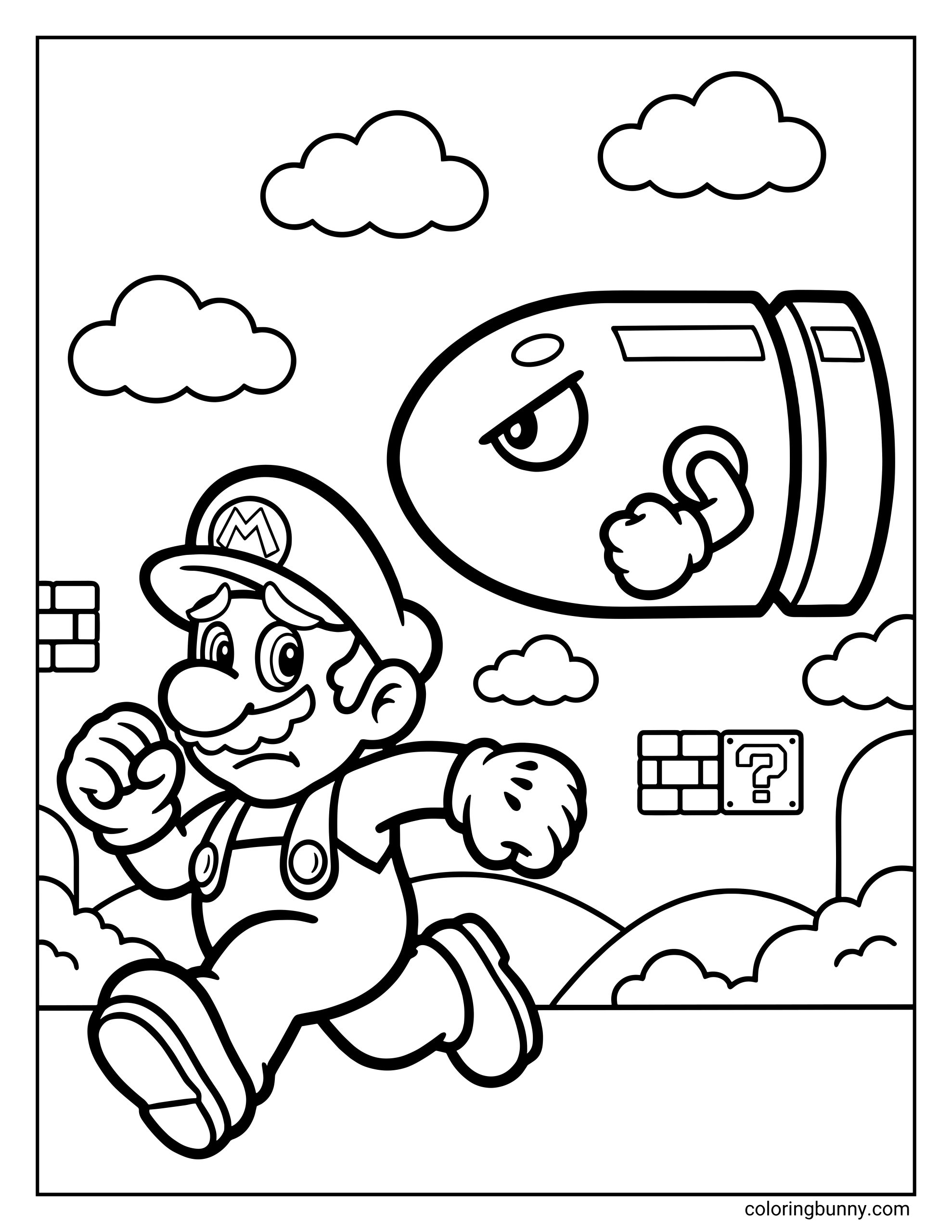 A Mario coloring page featuring Mario sprinting forward while a determined Bullet Bill rockets close behind him. Classic brick blocks, a question block, rolling hills, and fluffy clouds fill the background, capturing a tense but playful chase scene. Bold outlines and a clear layout make this page exciting to color.