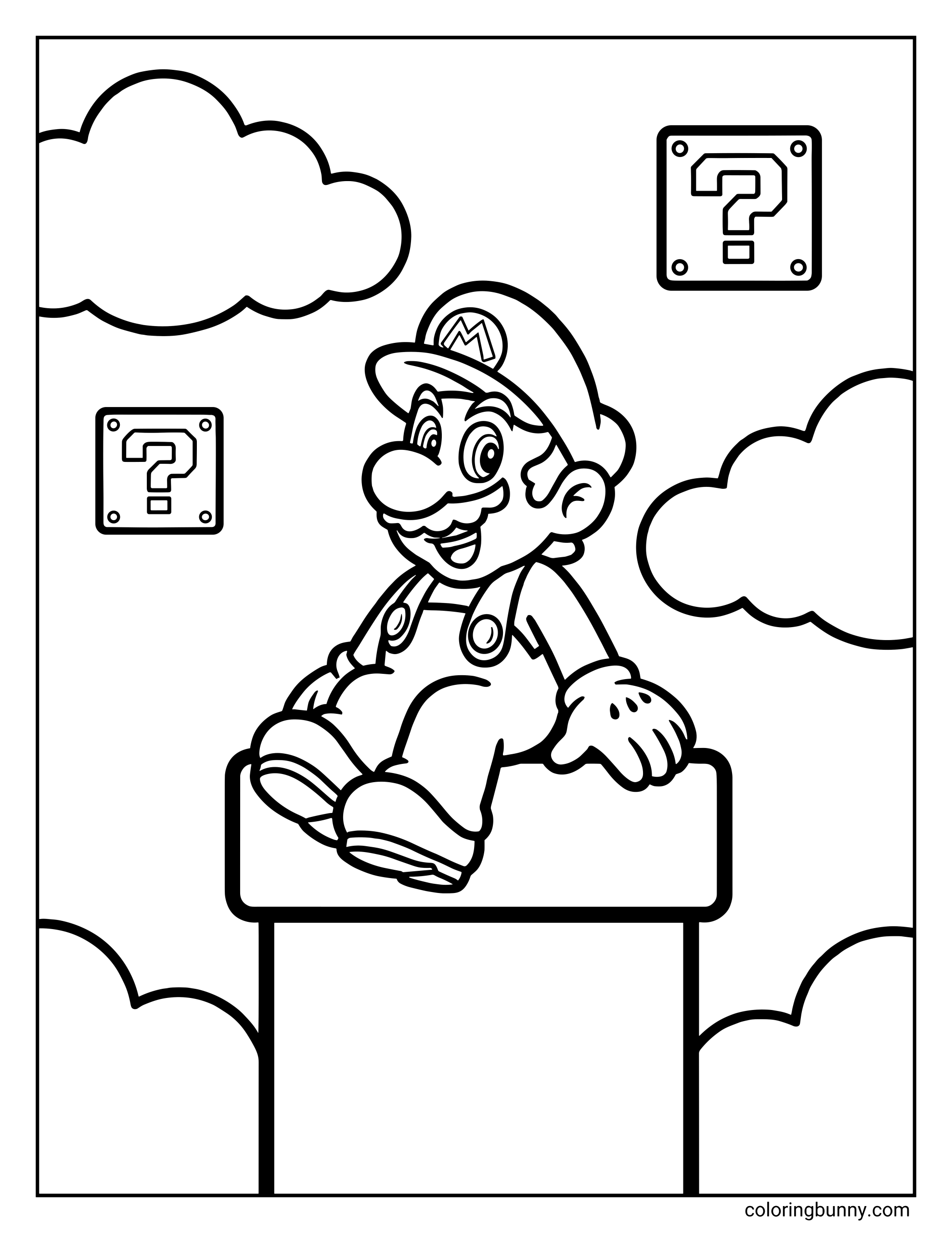 A Mario coloring page with Mario sitting casually on top of a large warp pipe in a classic sky scene. Mario smiles happily in his cap and overalls, with floating question blocks and fluffy clouds surrounding him. The simple background and bold, clean outlines make the page easy to color.