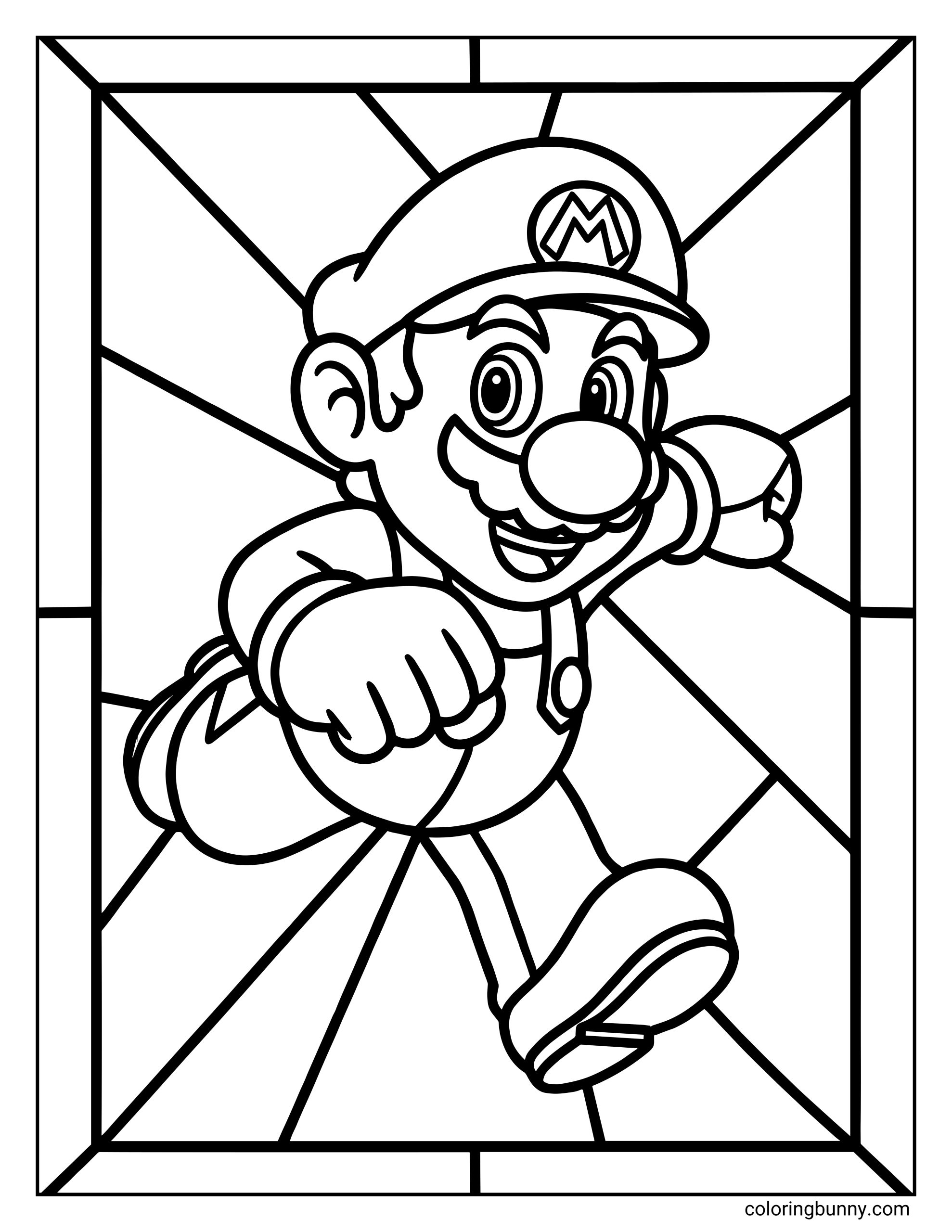 A Mario stained-glass–style coloring page featuring Mario running forward with a raised fist and determined smile. The design uses bold, segmented panels radiating behind him like a stained glass window, framing Mario’s cap, gloves, overalls, and boots in a dynamic, geometric layout.