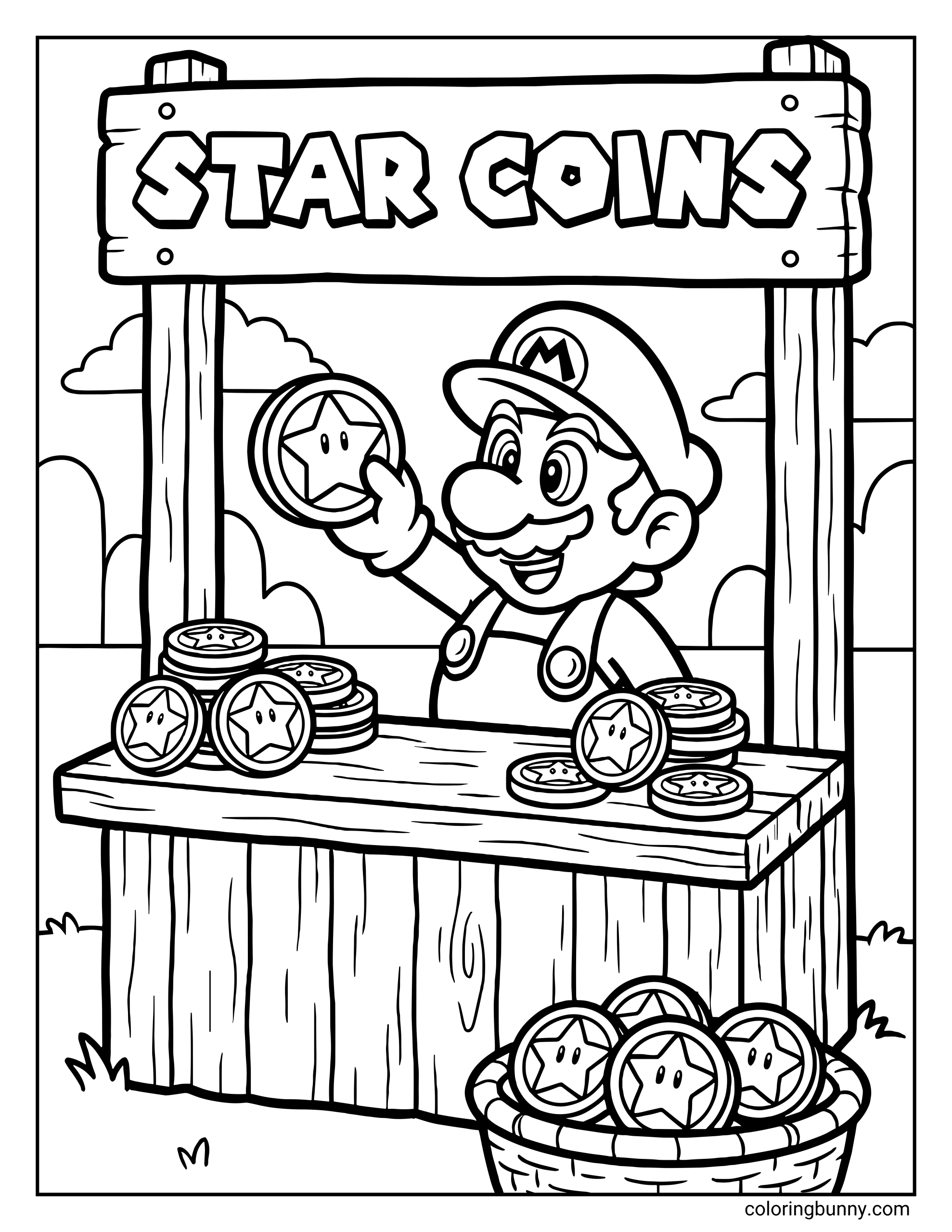 A Mario coloring page featuring Mario standing behind a wooden market stall labeled “Star Coins.” Mario holds up a shiny star coin while stacks of star coins are neatly arranged on the counter and in a basket below. Fluffy clouds and a simple outdoor setting appear in the background, all drawn with bold, clean outlines.