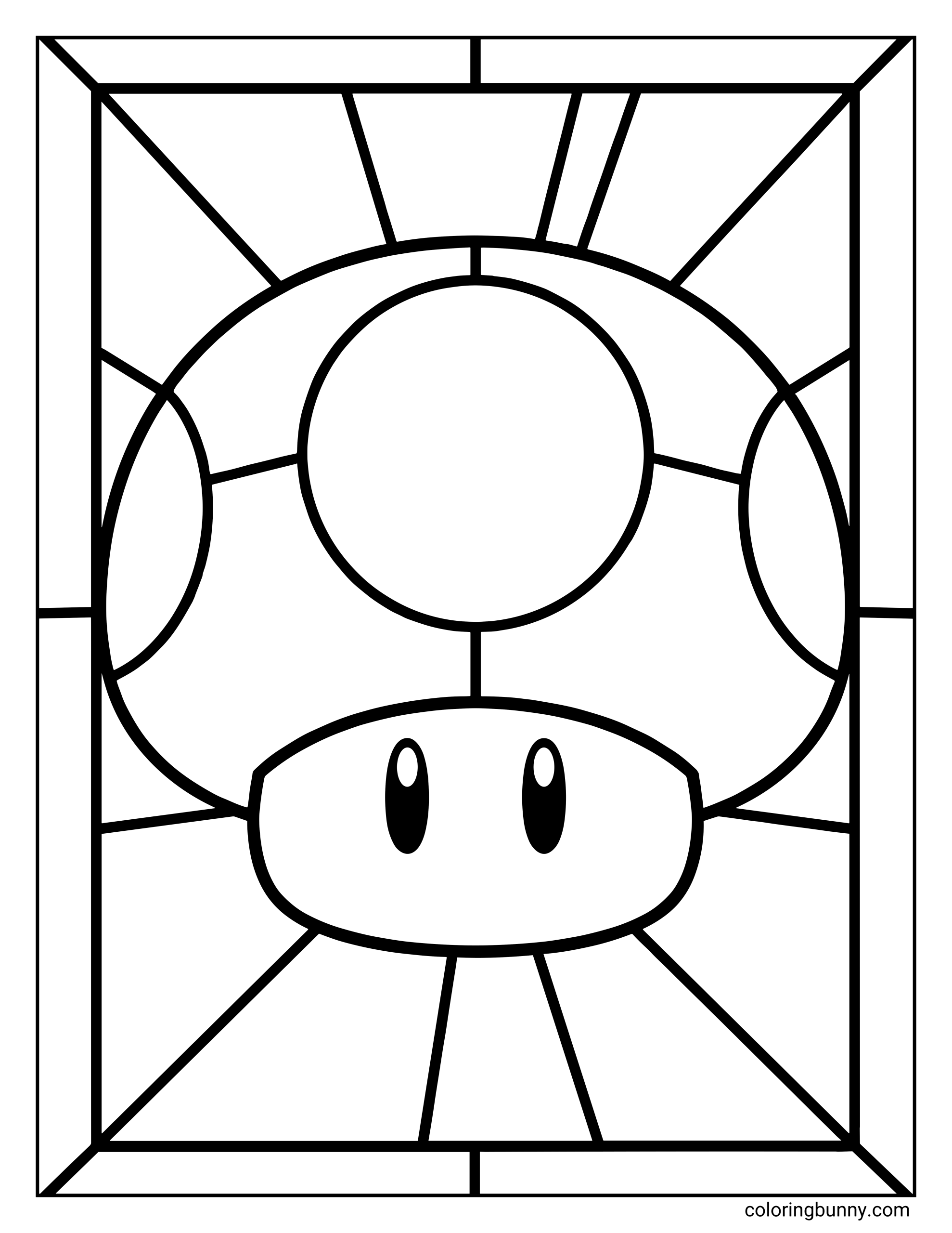 A Super Mushroom stained-glass–style coloring page inspired by the Mario universe, featuring a large, centered power-up mushroom framed within a geometric stained glass window design. The mushroom’s rounded cap and simple face are divided into bold, symmetrical panels radiating outward, with thick outlines and large sections that make the design easy and satisfying to color.