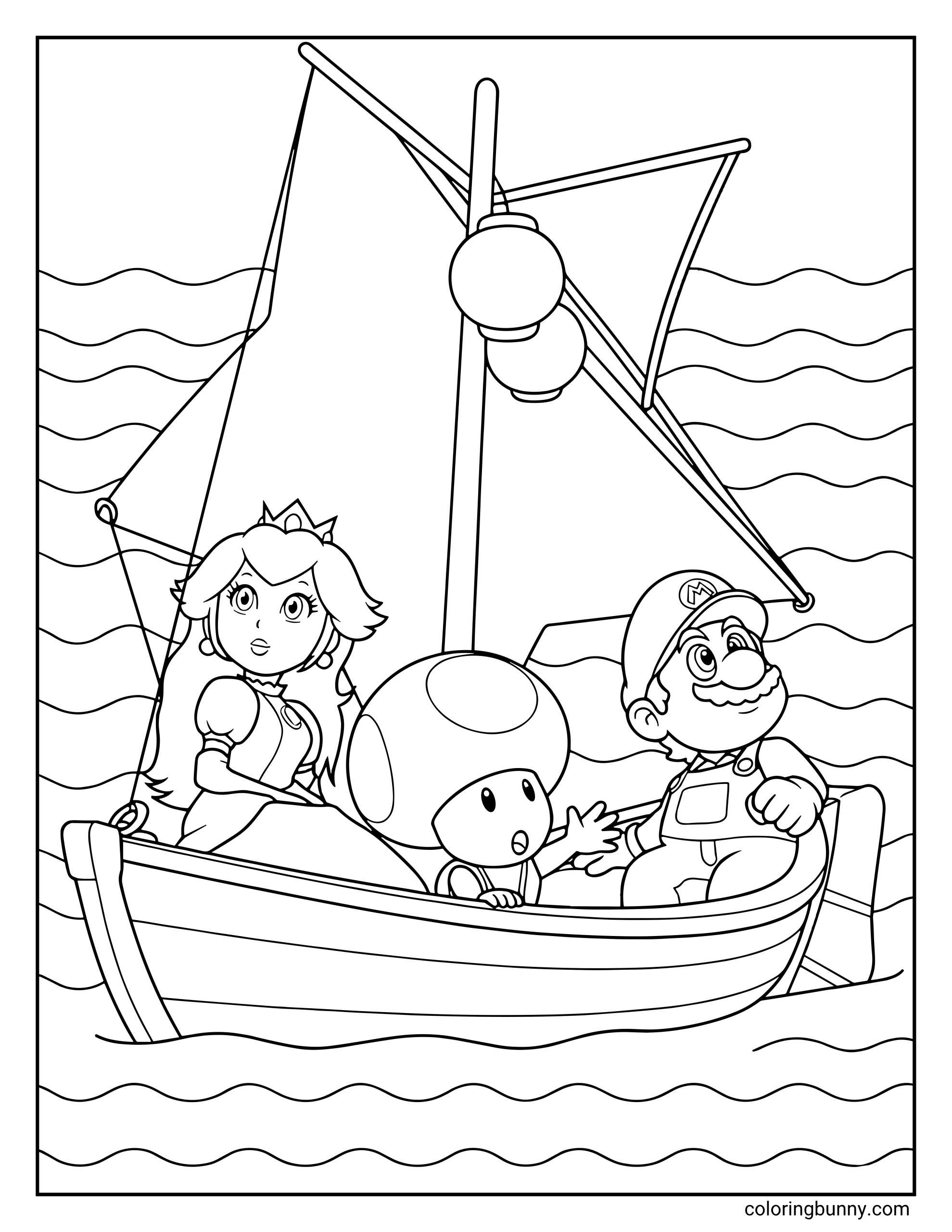 The Super Mario Galaxy Movie coloring page showing Princess Peach, Toad, and Mario sailing together on a small wooden sailboat. They are surrounded the ocean as they look out toward the horizon.