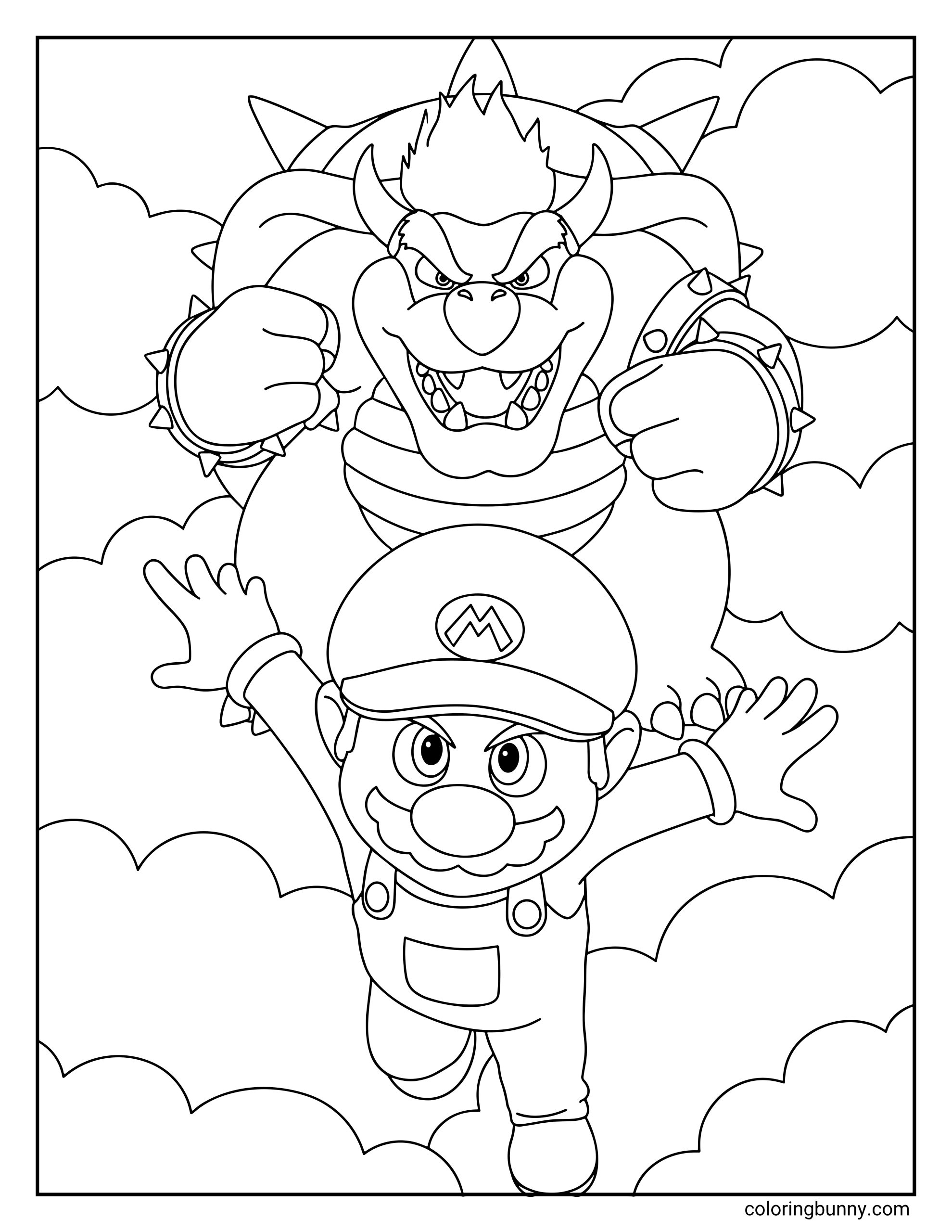 A coloring page from The Super Mario Galaxy Movie showing a giant Bowser looming over Mario in the sky. Mario is falling or leaping forward with his arms wide, while Bowser watches from behind the clouds with a fierce expression.