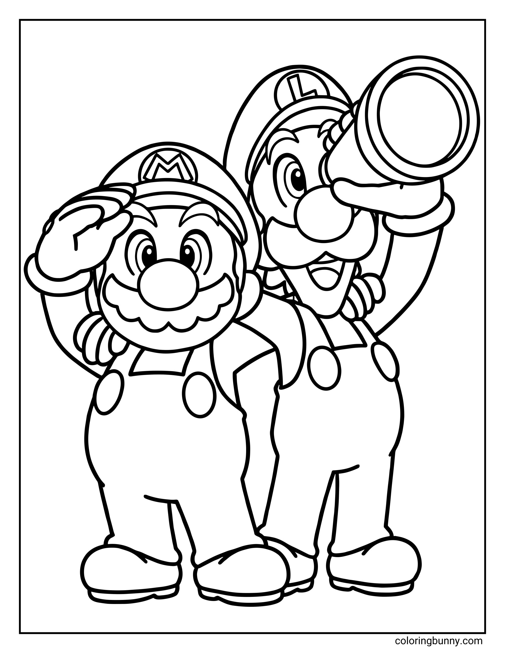 A Mario and Luigi coloring page from the 2024 video game featuring Mario and Luigi standing back-to-back in a classic brotherly pose. Mario salutes confidently while Luigi peers through a large telescope with an excited grin. The bold, clean outlines and simple background keep the focus on their teamwork and playful personalities.
