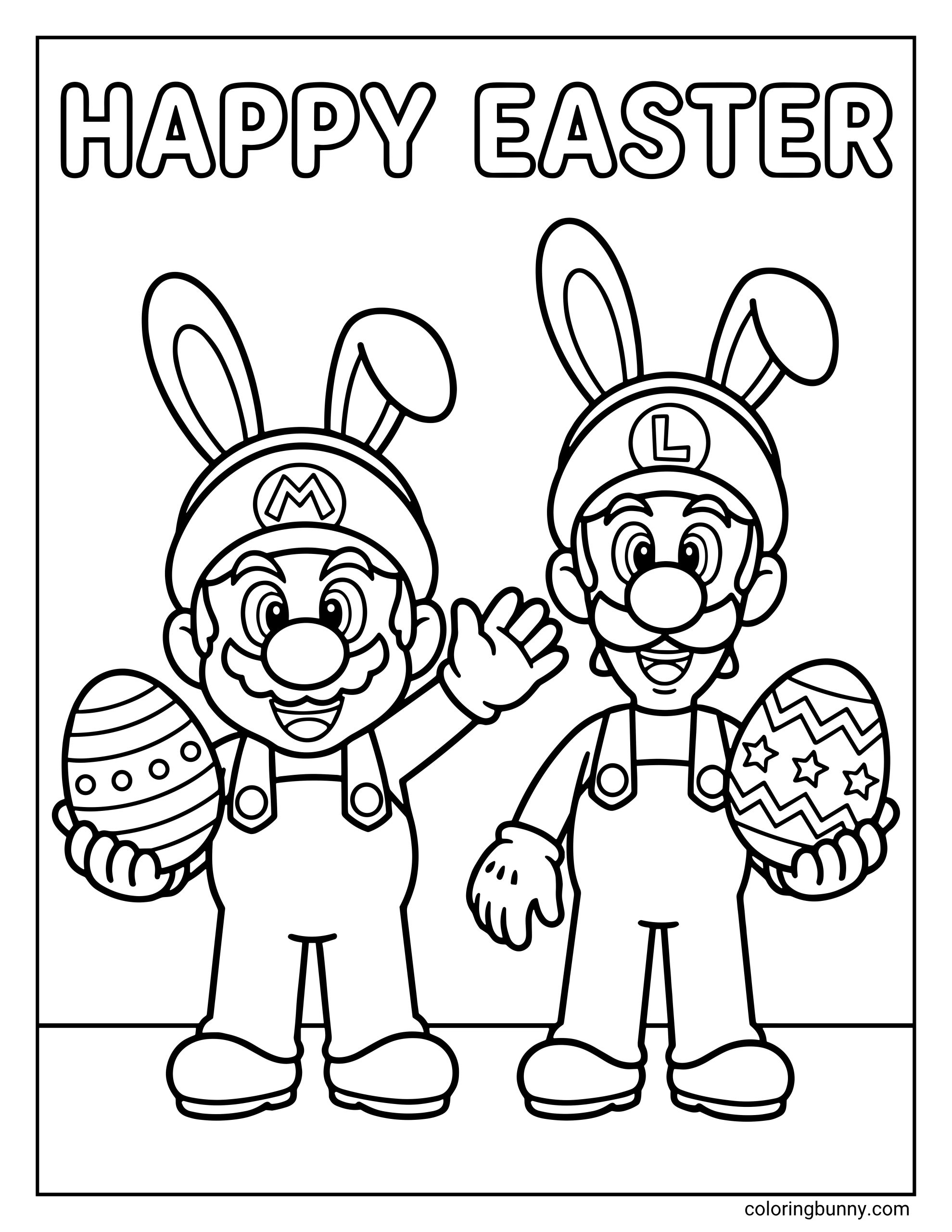 A Mario Easter coloring page featuring Mario and Luigi wearing bunny ears and holding decorated Easter eggs. The words "HAPPY EASTER" are written in large, hollow block letters at the top.