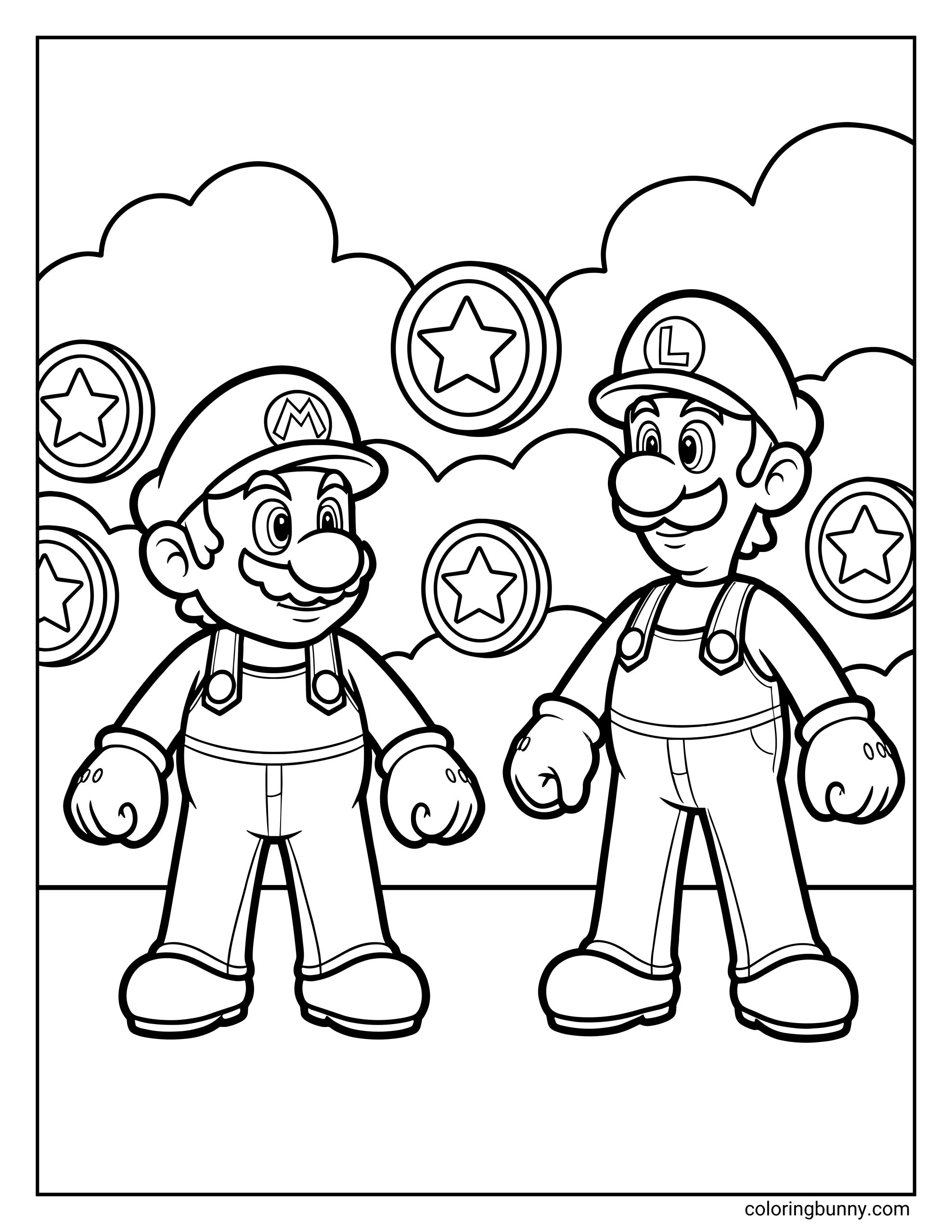A Mario and Luigi coloring page featuring Mario standing beside his brother Luigi in a classic sky scene. Both characters wear their signature caps and overalls, facing each other with friendly expressions. Floating clouds and star coins fill the background, creating a familiar platform-style setting with clean, bold outlines.