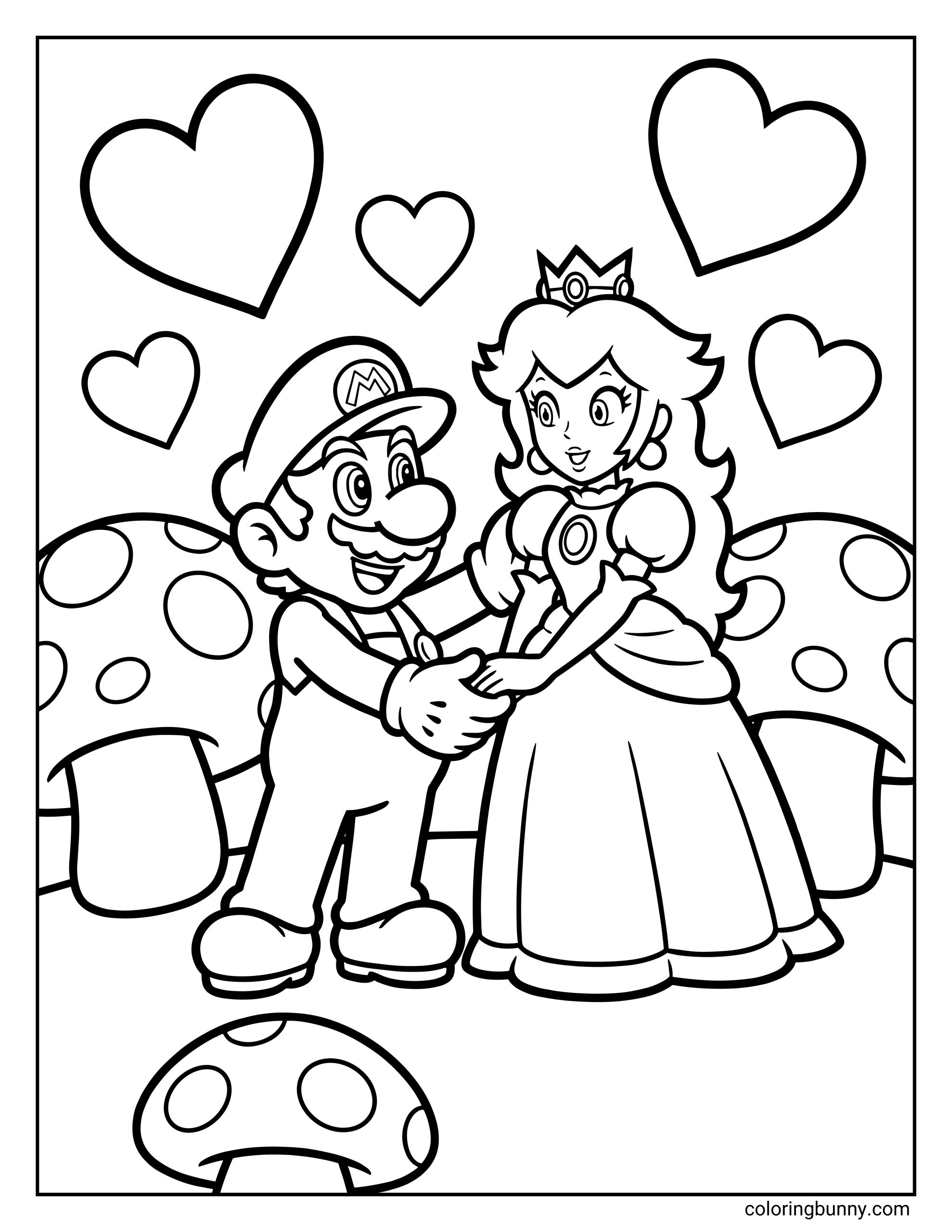 A Mario and Princess Peach coloring page featuring Mario holding hands with Princess Peach in a sweet Mushroom Kingdom scene. Mario smiles warmly in his cap and overalls while Princess Peach wears her flowing gown and crown. Heart shapes float above them, with large mushrooms in the background, all drawn with clean, bold outlines.