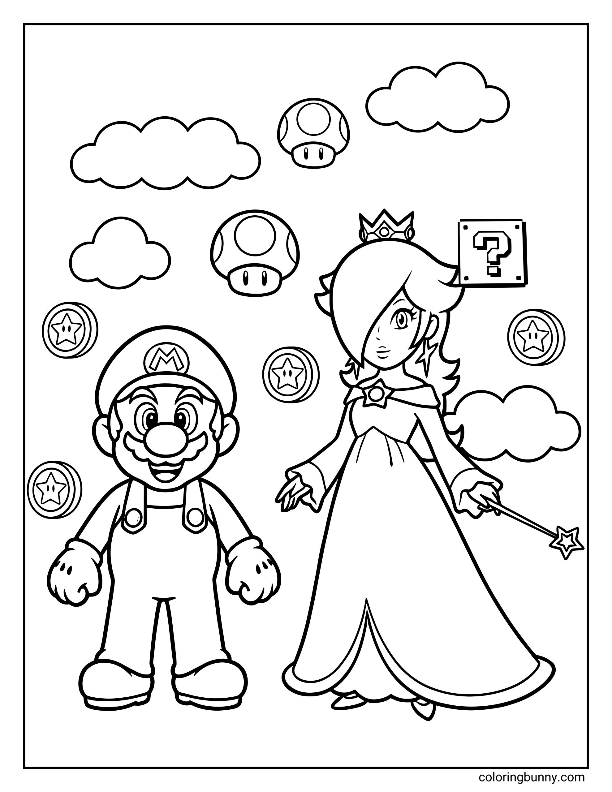 A Mario and Rosalina coloring page featuring Mario standing beside Rosalina in a floating sky-themed scene. Mario appears cheerful in his cap and overalls, while Rosalina wears her flowing gown and crown, holding a star wand. The background includes smiling clouds, floating mushrooms, star coins, and a question block, all drawn with clean, bold outlines.