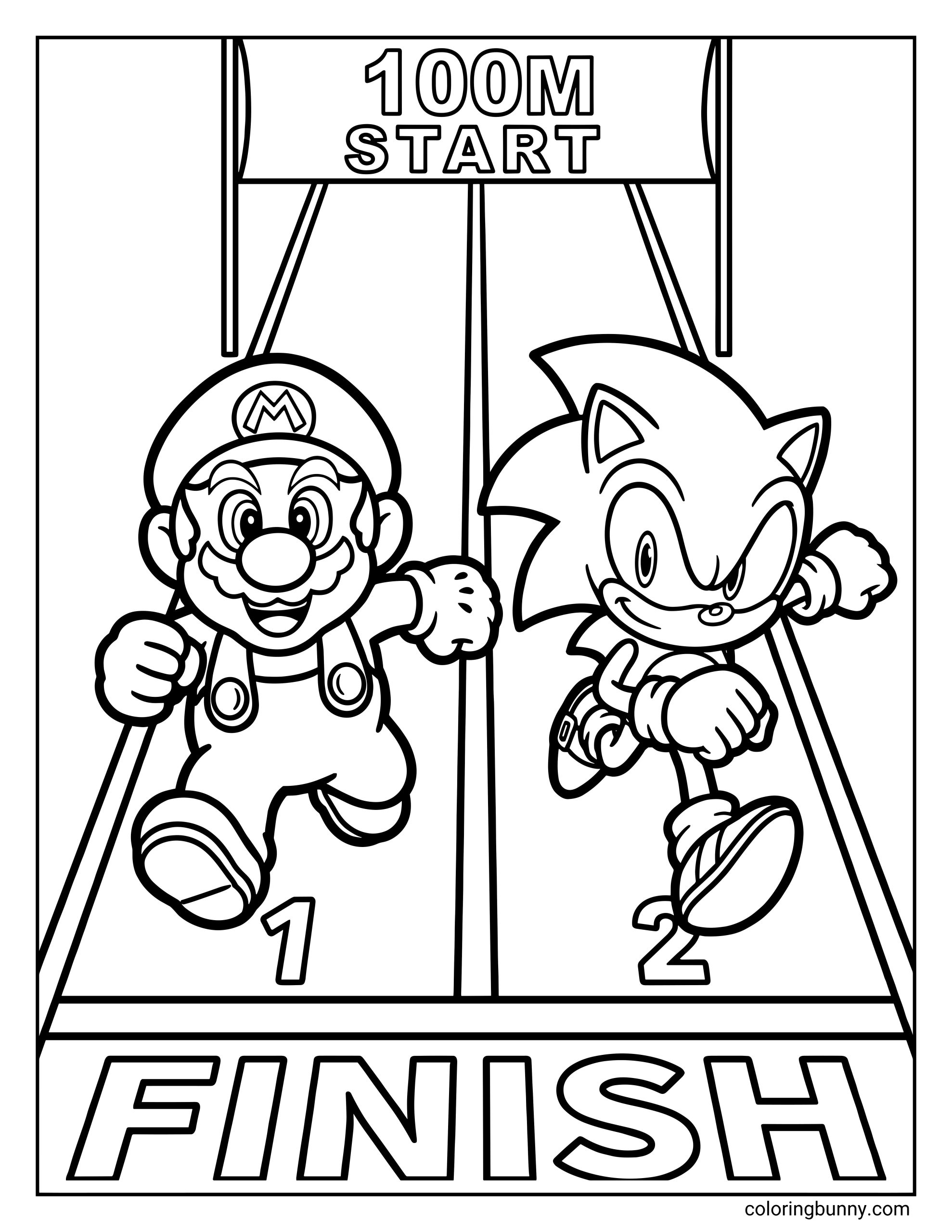 A Mario and Sonic Olympic-style coloring page showing Mario racing against Sonic on a track labeled “100M Start.” Both characters sprint forward in their own lanes toward a large “Finish” banner, with lane numbers and lines emphasizing speed. The scene is drawn with bold, clean outlines and a clear, symmetrical layout.