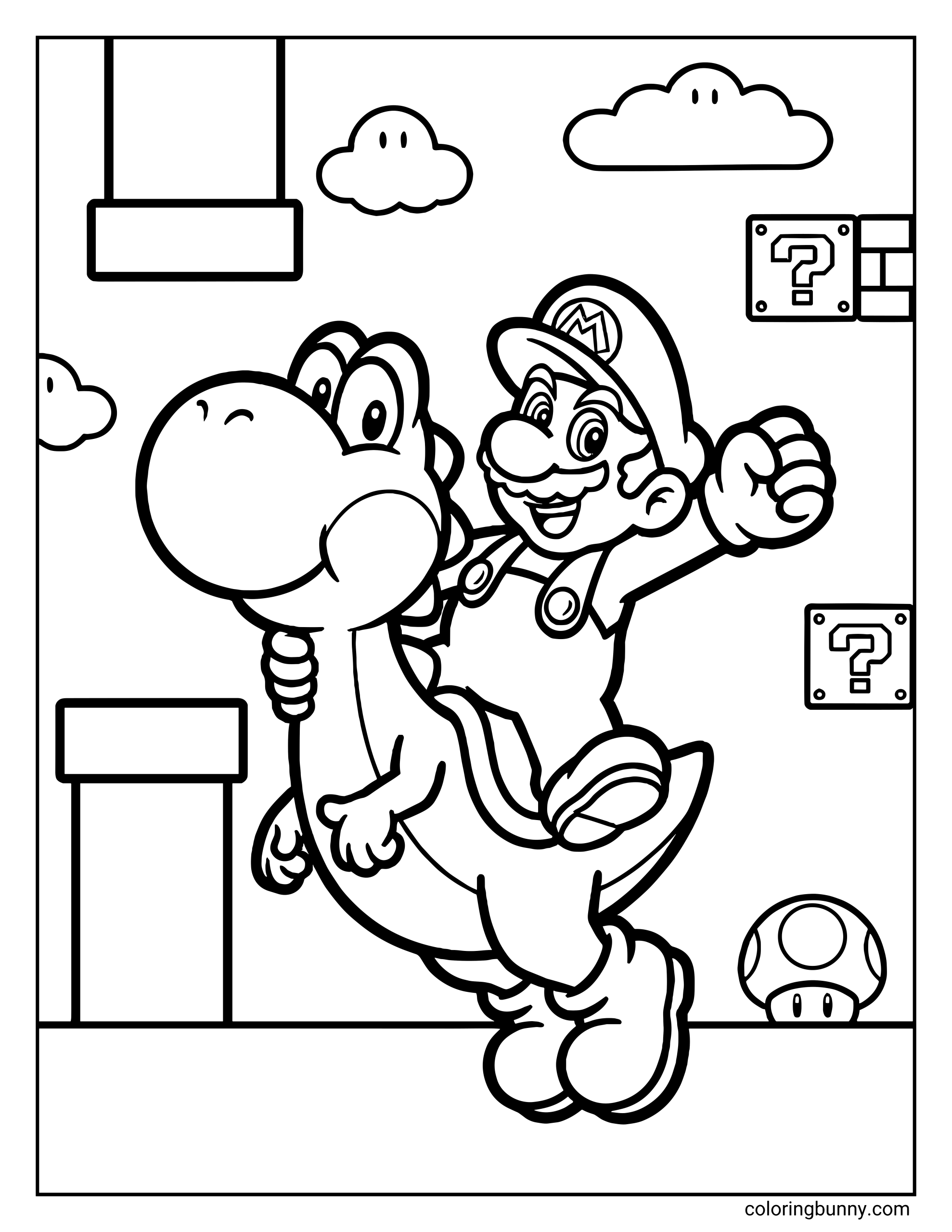 A Mario and Yoshi coloring page showing Mario riding on the back of Yoshi while jumping through a classic Super Mario platform level. Mario is mid-air with a raised fist, wearing his signature cap and overalls, as Yoshi runs forward beneath him. The background includes pipes, floating question blocks, smiling clouds, and a mushroom power-up, all drawn with bold, clean outlines.