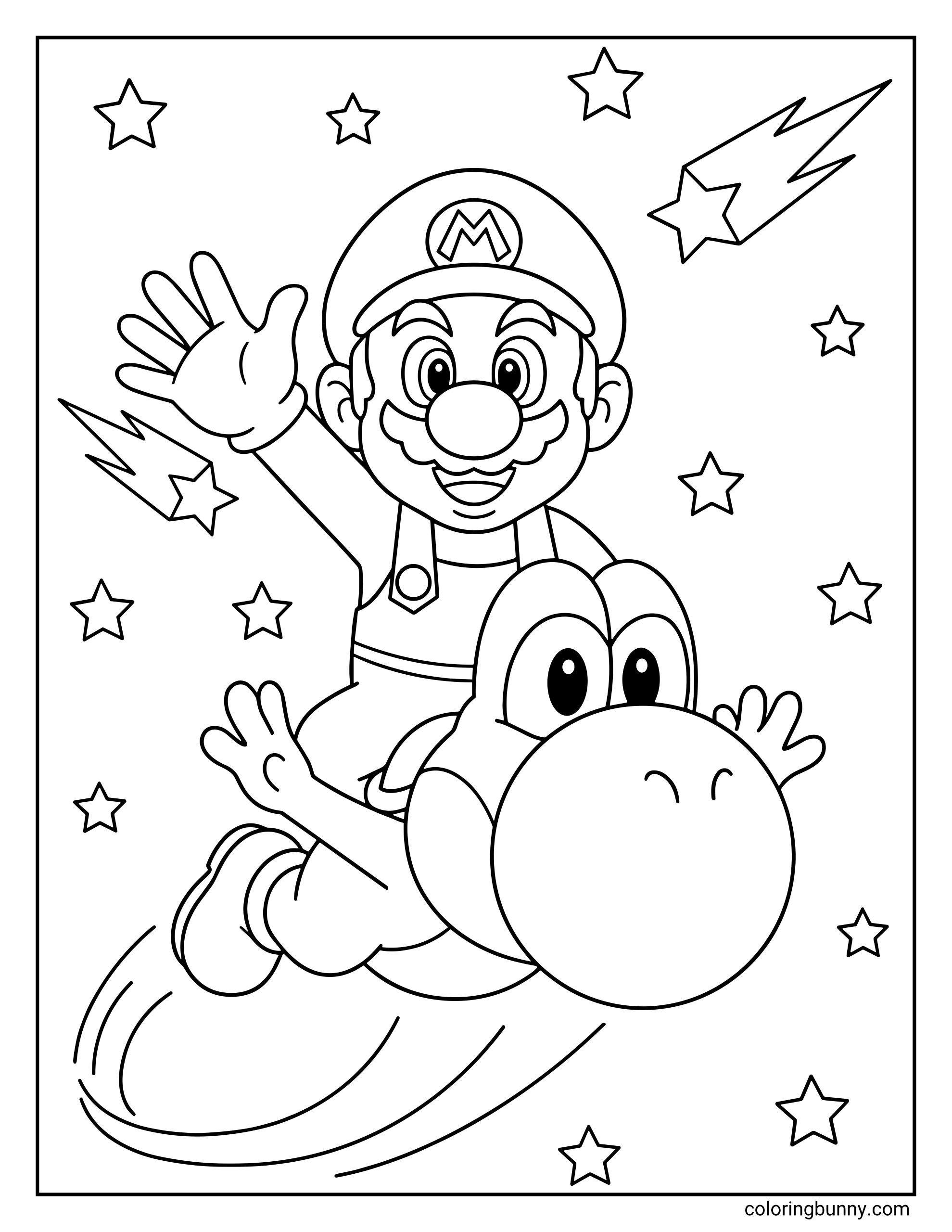A simple Super Mario Galaxy movie coloring page featuring Mario riding on the back of a flying Yoshi as they soar through space, surrounded by stars and two bright shooting stars streaking behind them.