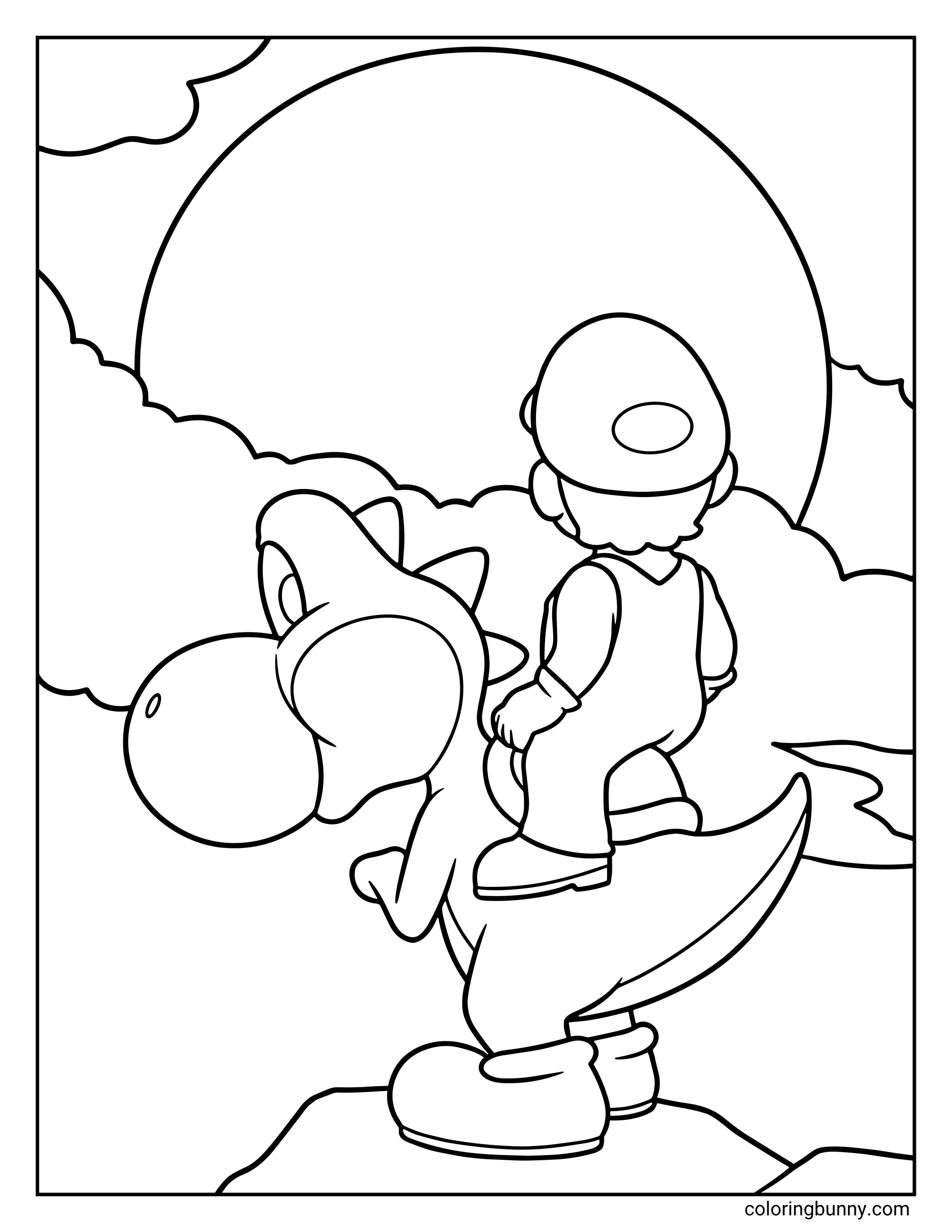 A coloring page from The Super Mario Galaxy Movie featuring Mario sitting on Yoshi's back as they look toward a planet. The scene is set against a background of soft clouds, capturing a quiet moment before their next adventure.