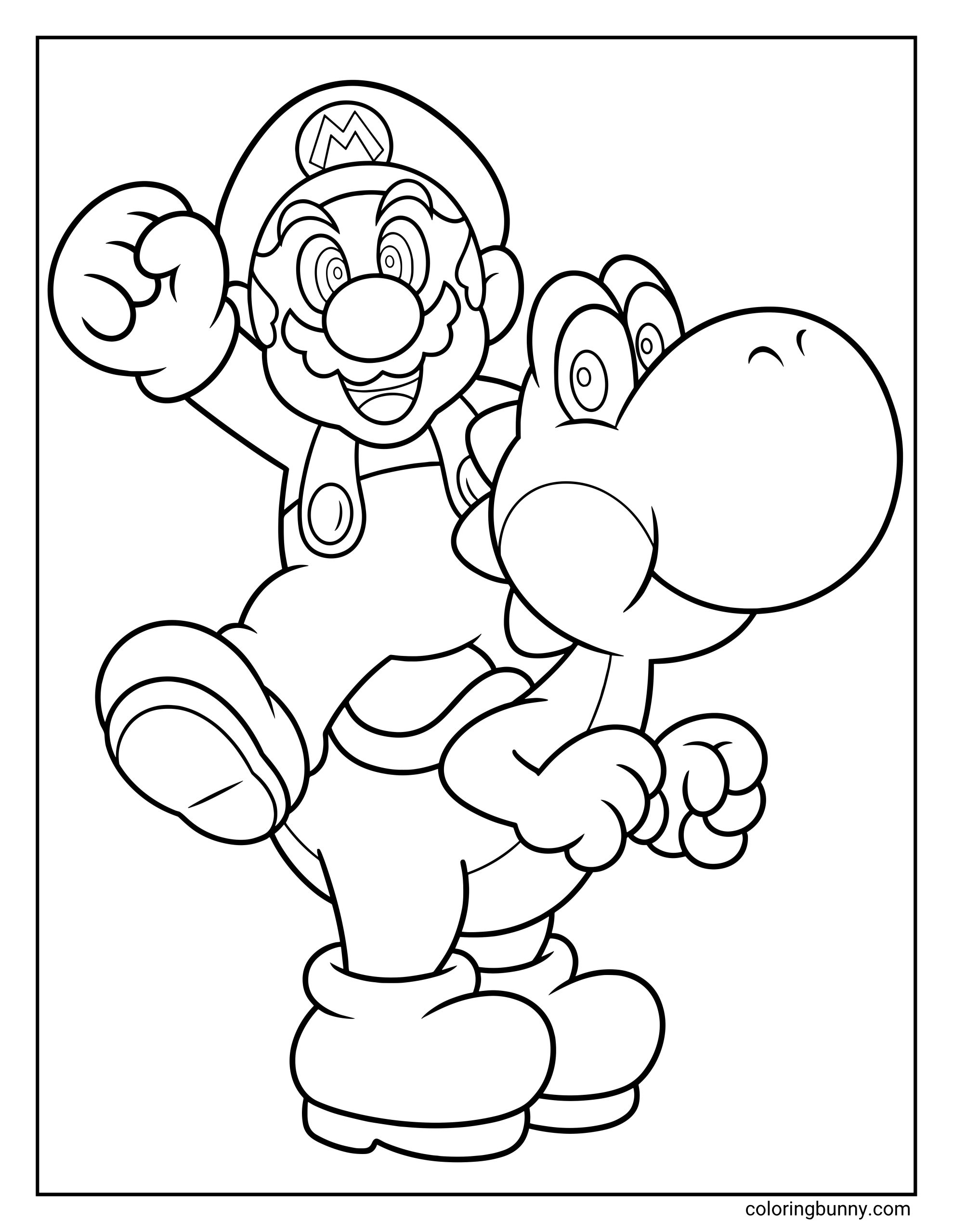 A coloring page featuring Mario riding on Yoshi's back, with Mario waving his fist in the air and a joyful expression on his face.