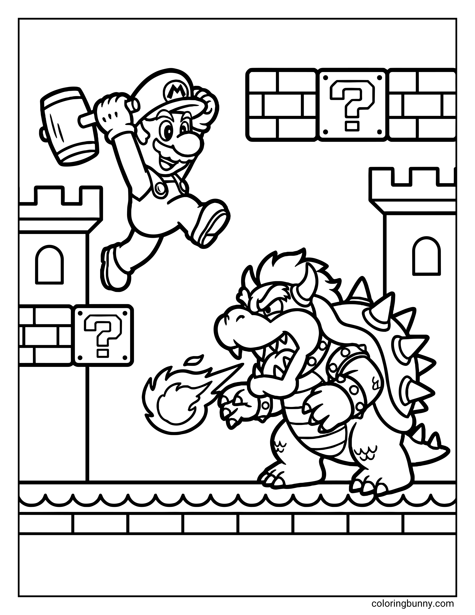 A Mario vs Bowser coloring page showing Mario leaping through the air with a raised hammer while facing off against Bowser on a classic castle platform. Bowser breathes a stream of fire as Mario jumps between brick blocks and towers, with question blocks and stone structures framing the scene. Bold, clean outlines capture the action and make the page ideal for coloring.