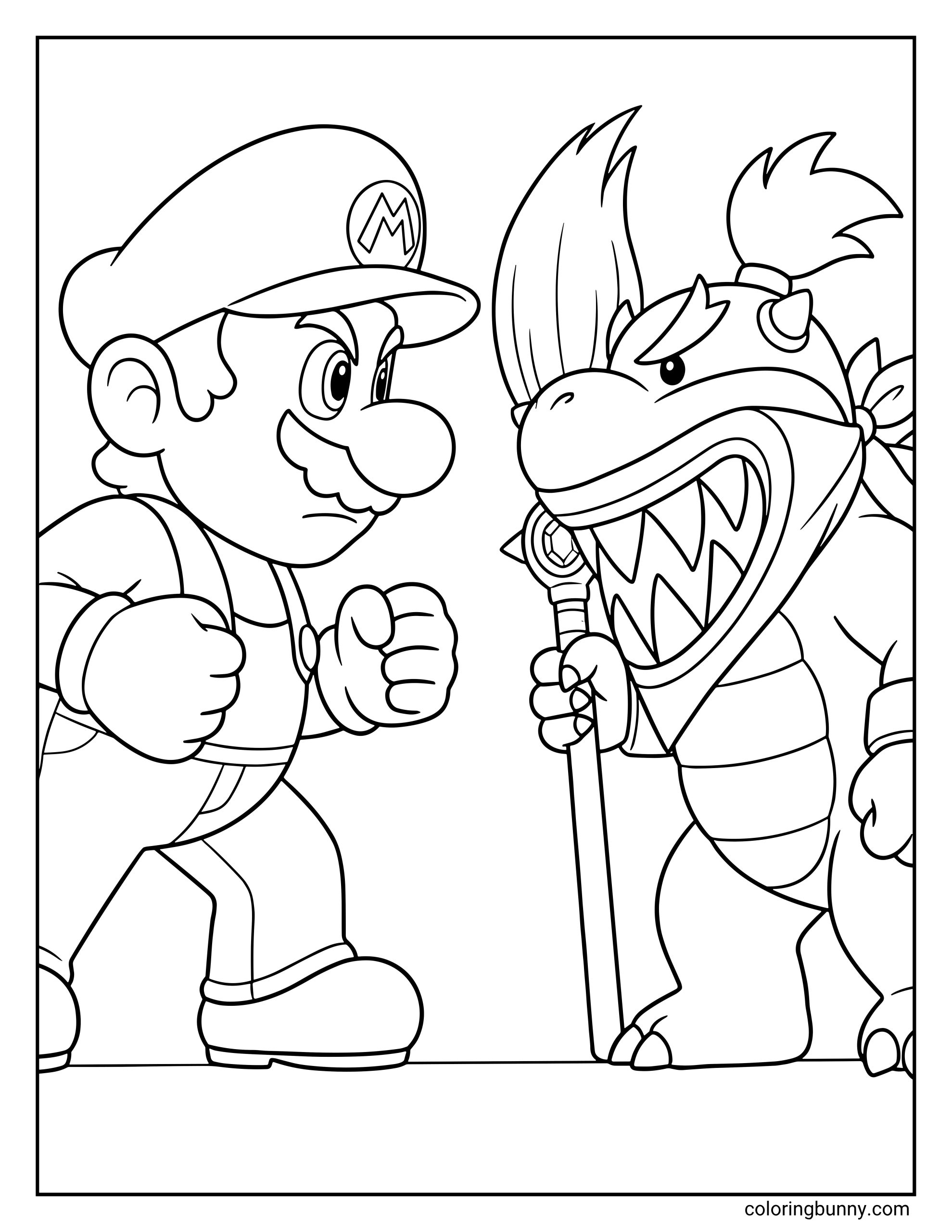 A coloring page showing Mario and Bowser Jr. facing off in a confrontation. Mario has his fists clenched while Bowser Jr. holds his magic paintbrush and bares his teeth.