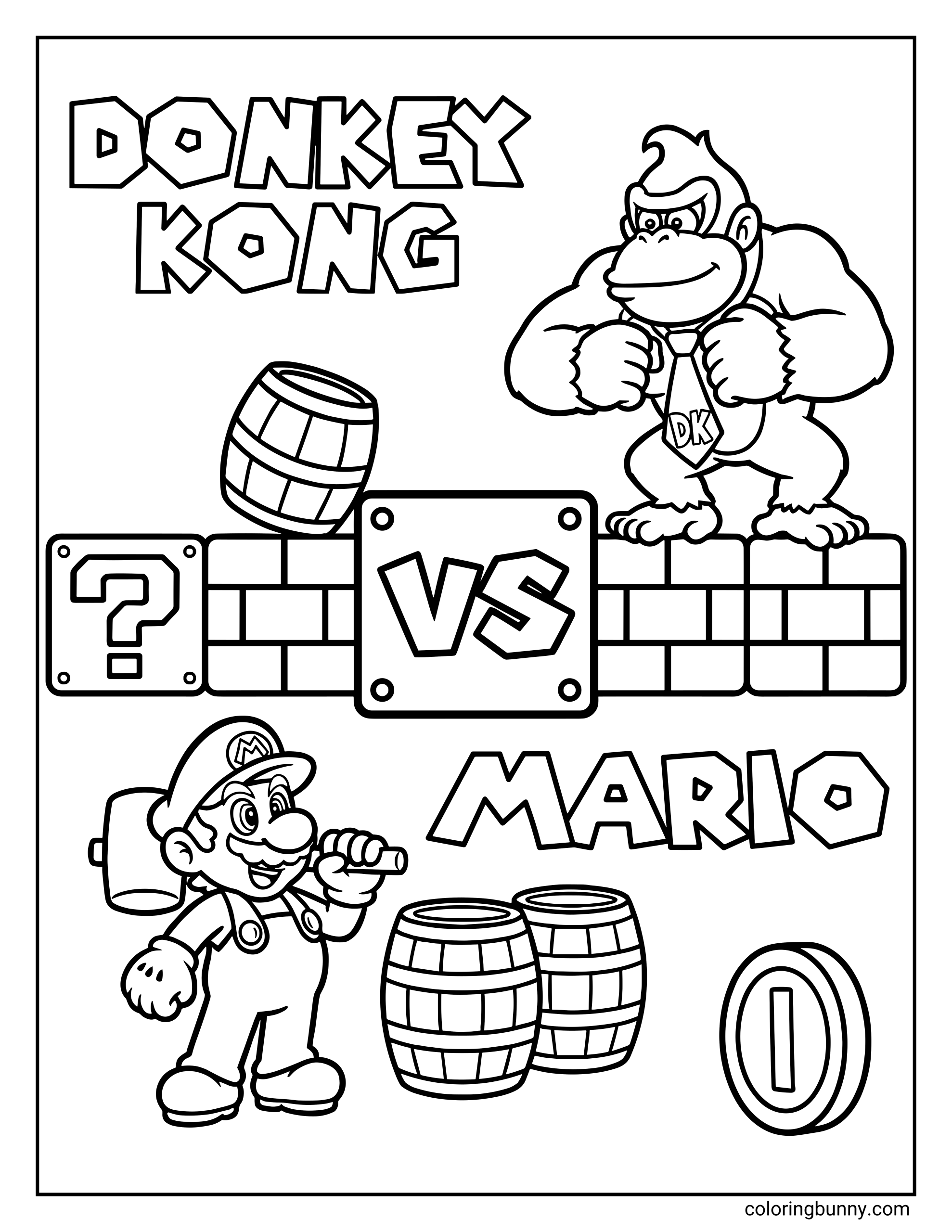 A Mario vs Donkey Kong coloring page featuring Mario facing off against Donkey Kong in a classic arcade-style showdown. Donkey Kong stands atop brick platforms with clenched fists, while Mario prepares below holding a hammer. Barrels, coins, question blocks, and a bold “VS” sign fill the scene, all drawn with bold, clean outlines.