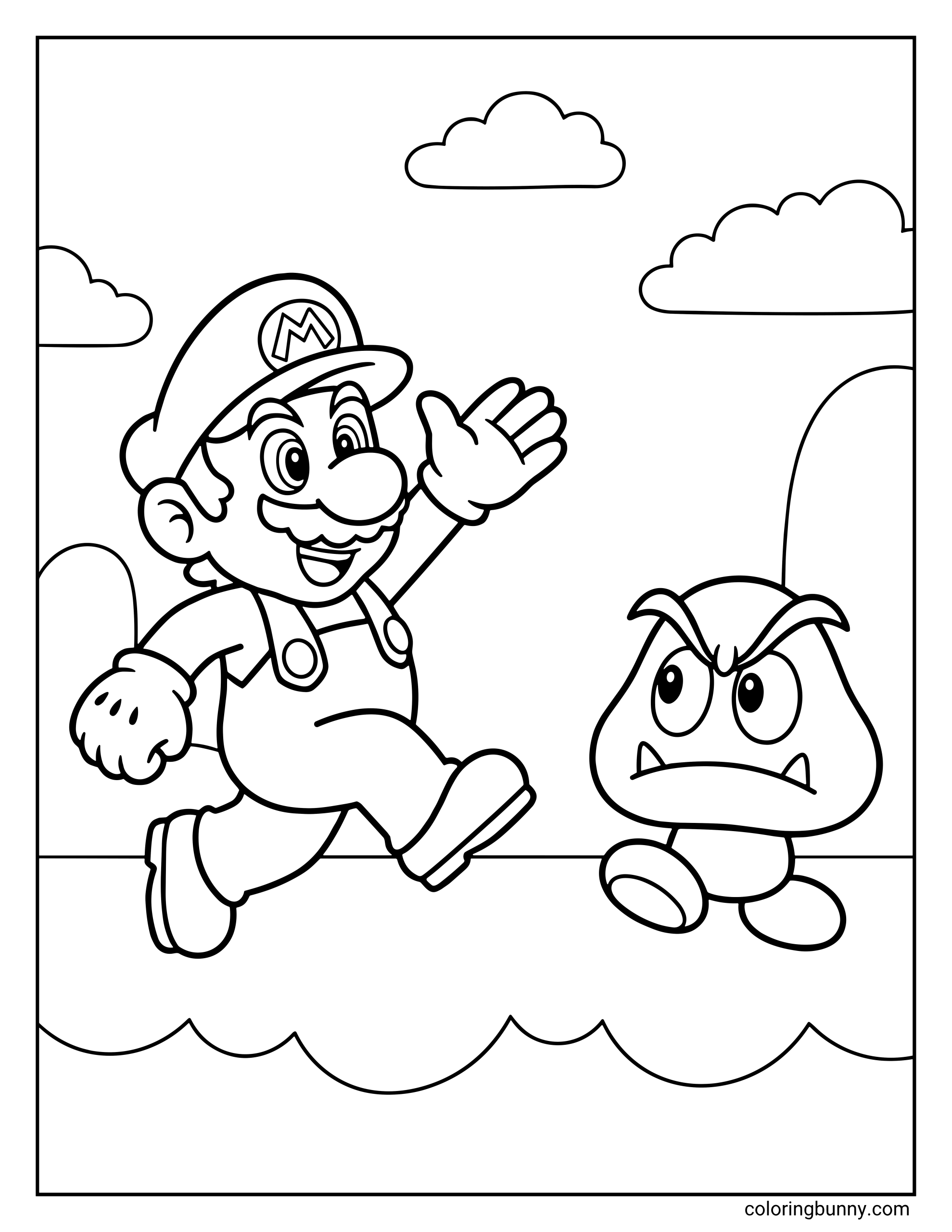 A classic Mario scene coloring page featuring Mario running toward a grumpy-looking Goomba. The background includes simple small clouds, capturing a typical level from the Mario games.