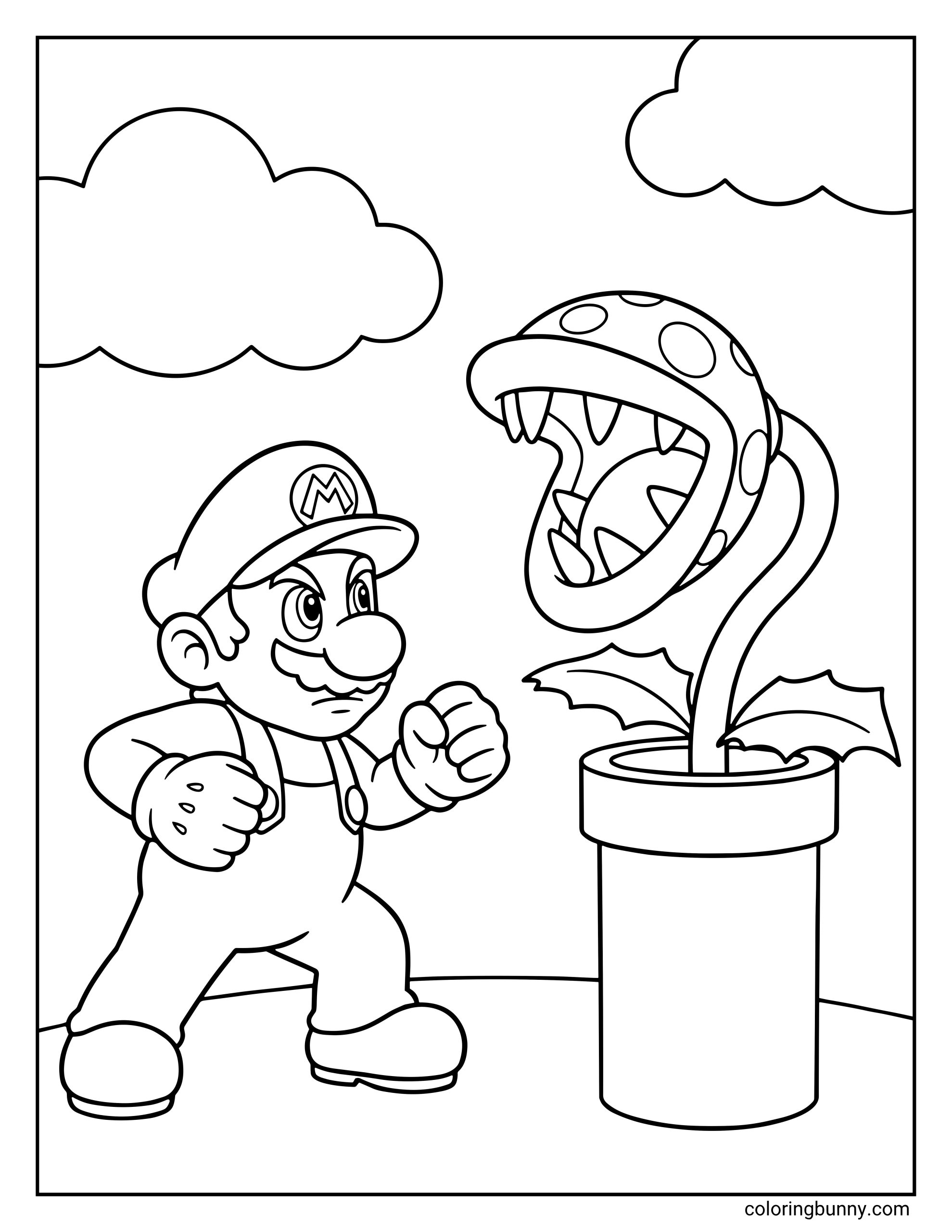 A coloring page showing a determined Mario facing off against a large Piranha Plant emerging from a Warp Pipe. The scene is set outdoors with soft, puffy clouds in the background and a clear ground line.