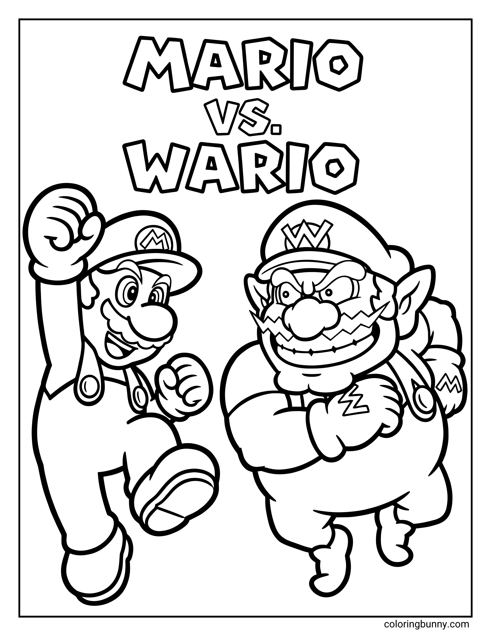 A Mario vs Wario coloring page featuring Mario facing off against Wario in a head-to-head showdown. Mario charges forward with a raised fist and determined expression, while Wario charges back with crossed arms, a mischievous grin, and his signature bulky build. Bold lettering reading “Mario vs Wario” sits above them, with clean outlines that make the characters easy to color.