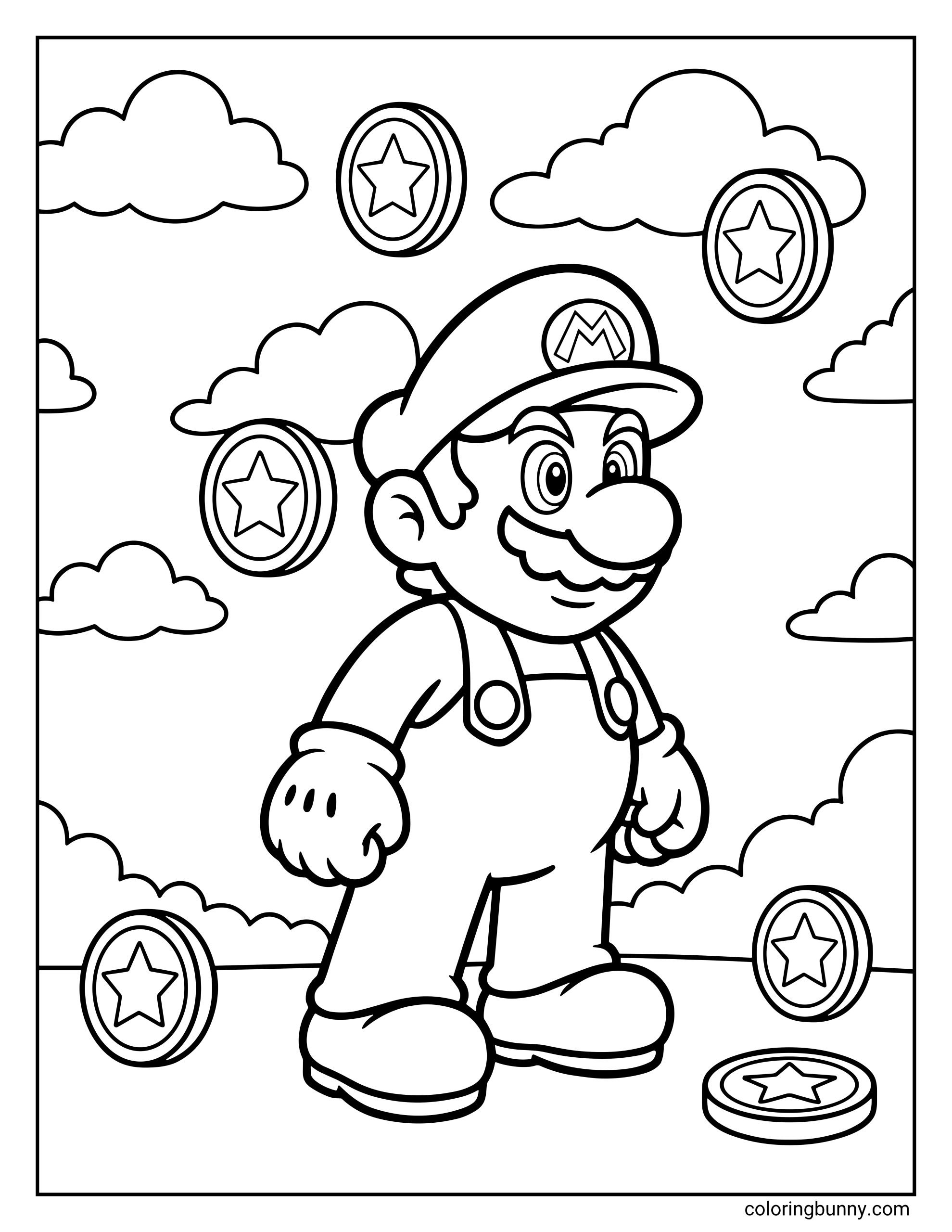 A Mario coloring page standing confidently in a classic Super Mario–style sky level. Mario wears his signature cap, gloves, and overalls while surrounded by fluffy clouds and floating star coins, with additional coins resting on the ground. The scene is drawn in bold, clean outlines.