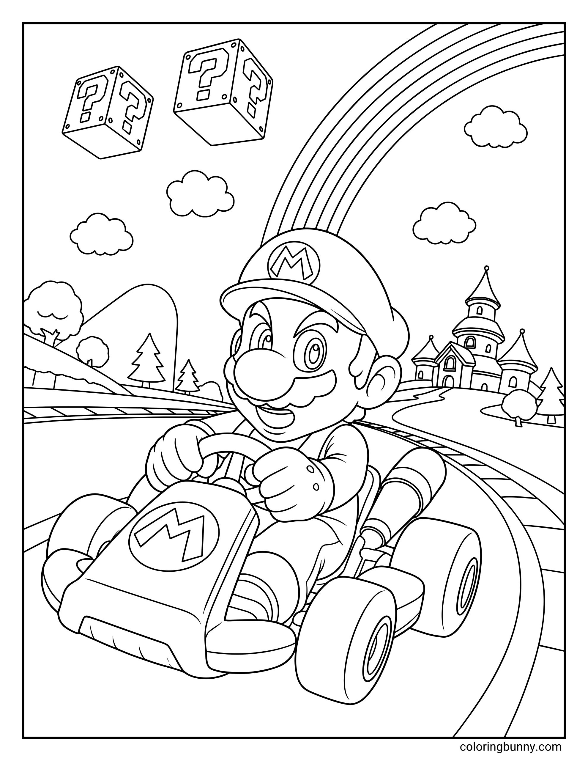 A coloring page featuring Mario speeding along a racetrack in his go-kart with a determined expression. The background showcases a vibrant scene with a large rainbow, floating Question Mark Blocks, and Princess Peach’s castle in the distance.