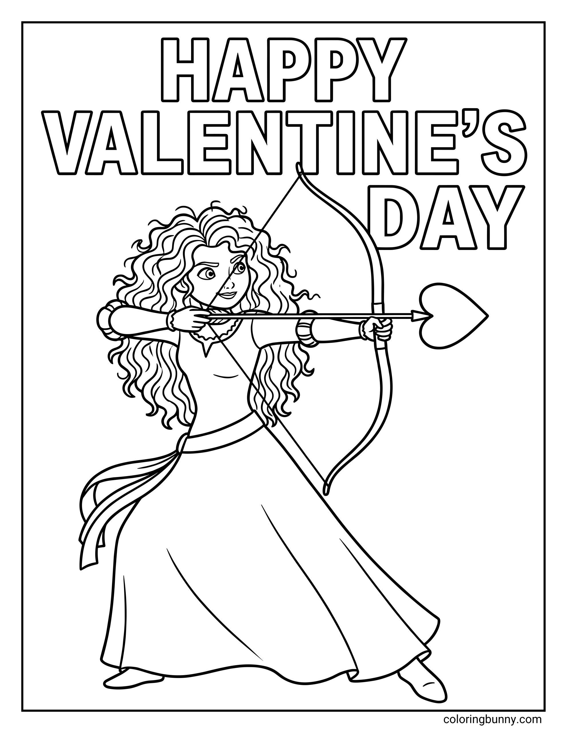 A black and white coloring page showing Merida from Brave aiming a bow with a heart-shaped arrow head below the text "HAPPY VALENTINE'S DAY."