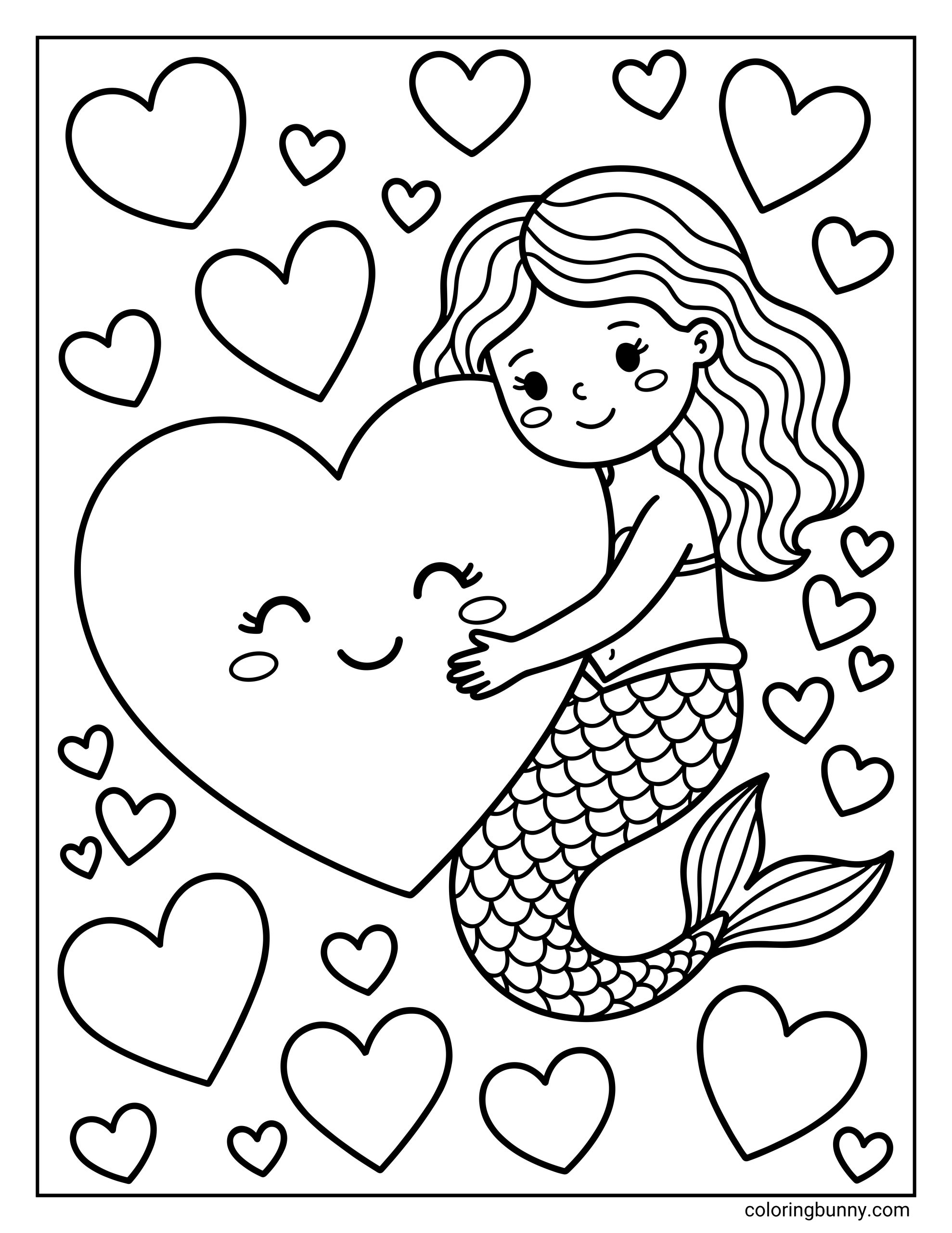 A kids hearts coloring page showing a mermaid with long flowing hair hugging a large smiling heart, surrounded by many floating heart shapes, drawn in simple black-and-white outlines.