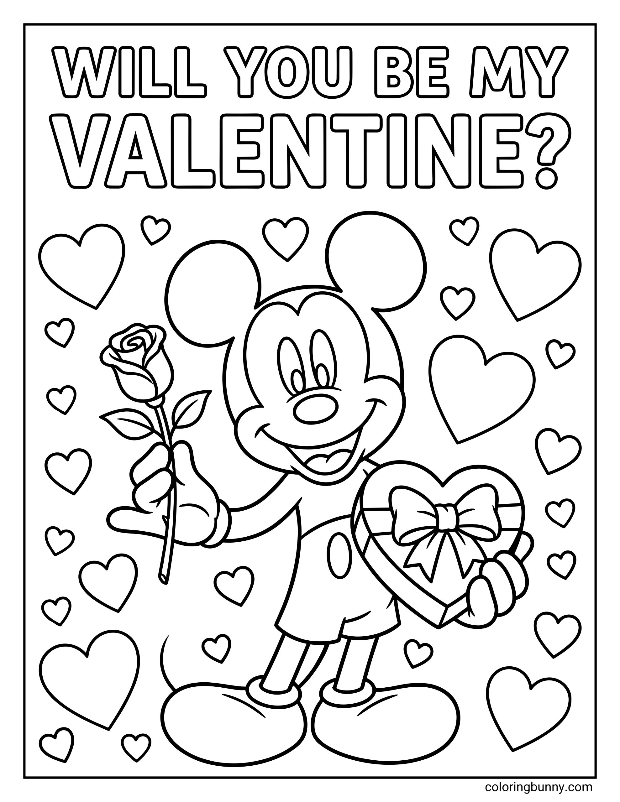 A cheerful Disney Valentine's coloring scene of Mickey surrounded by floating hearts under the big question, "WILL YOU BE MY VALENTINE?"