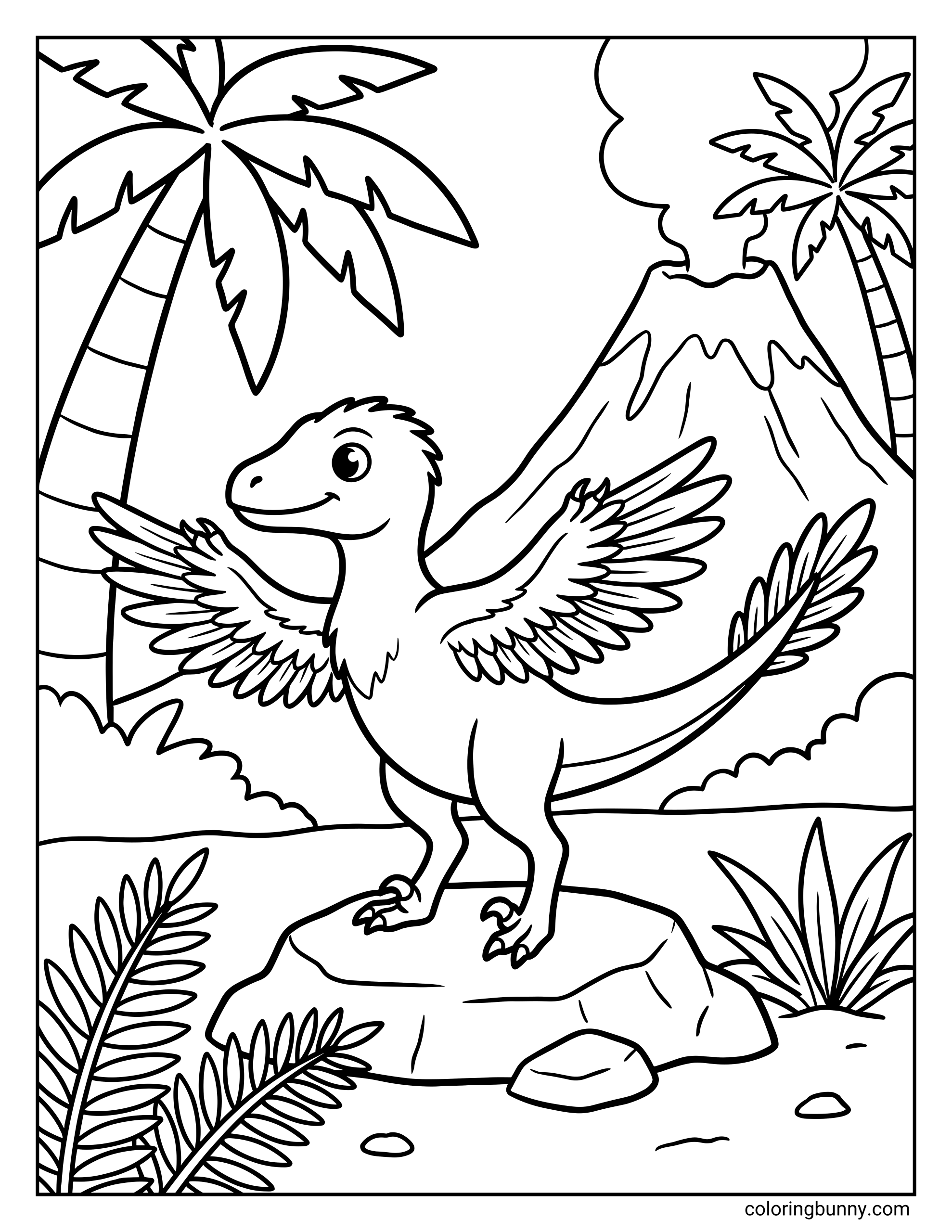 A dinosaur coloring page featuring a feathered Microraptor standing on a rock with wings spread wide, set in a prehistoric jungle scene with palm trees, leafy plants, and a smoking volcano in the background, drawn in bold, clean outlines.