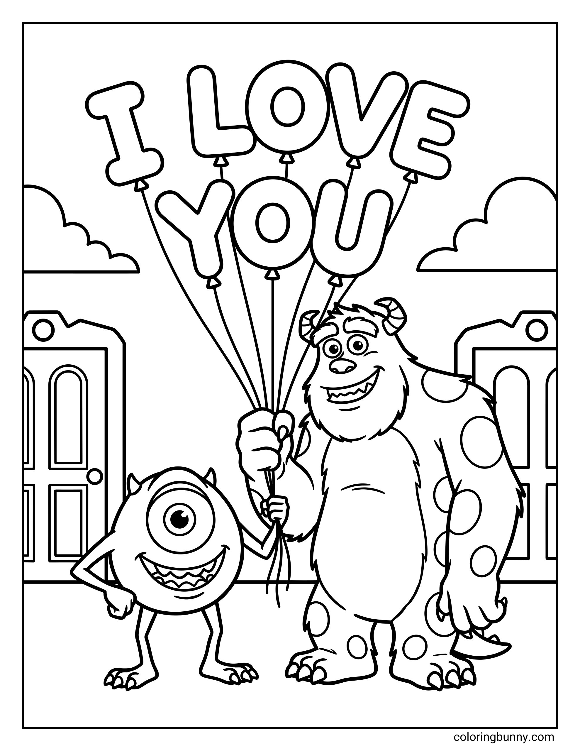 A black and white Valentine's Day coloring page showing Mike Wazowski and Sully standing together. Sully is holding five balloons that spell out the words "I LOVE YOU" in front of a background with two doors and clouds.
