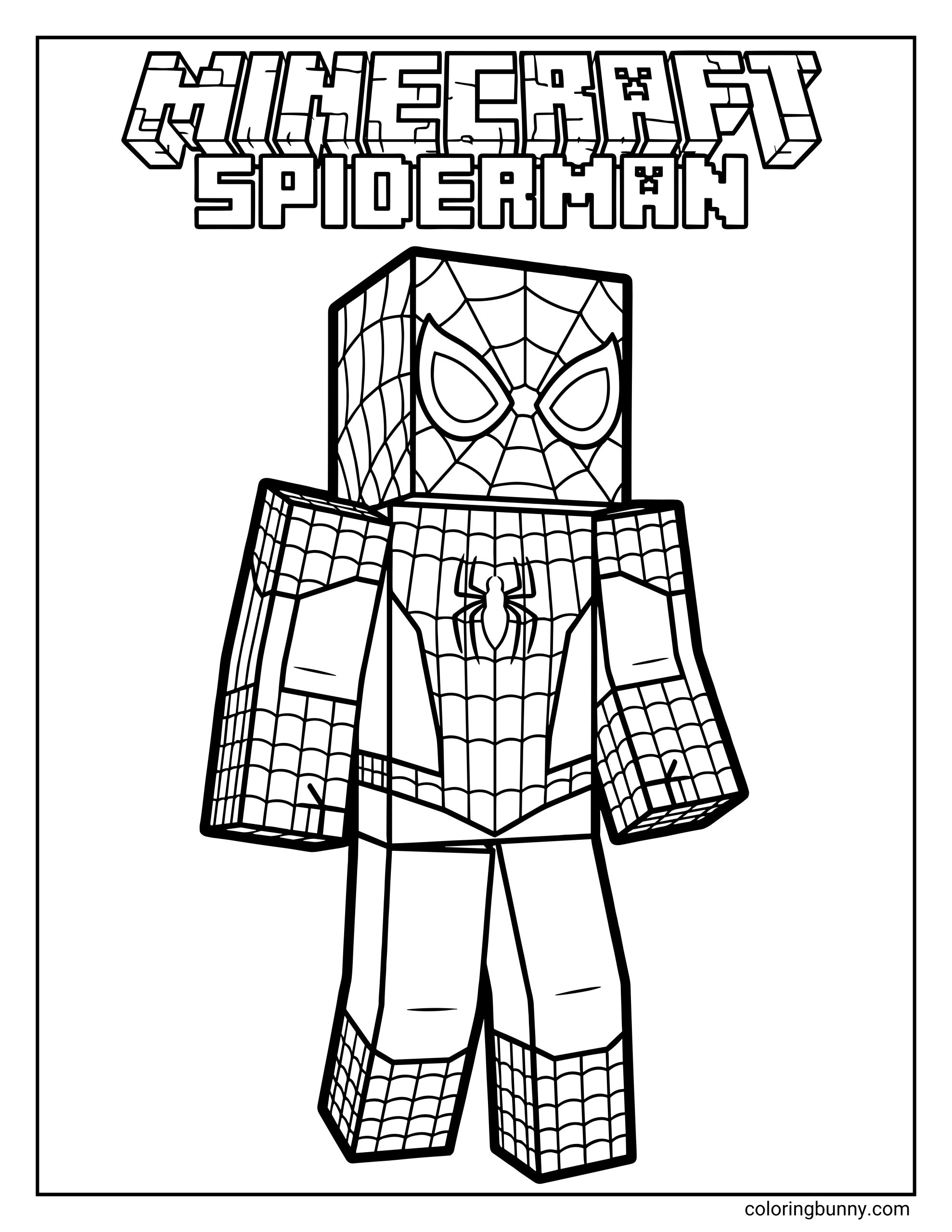 A coloring page featuring a Minecraft-style Spider-Man character with a blocky head and body beneath a pixelated title logo.