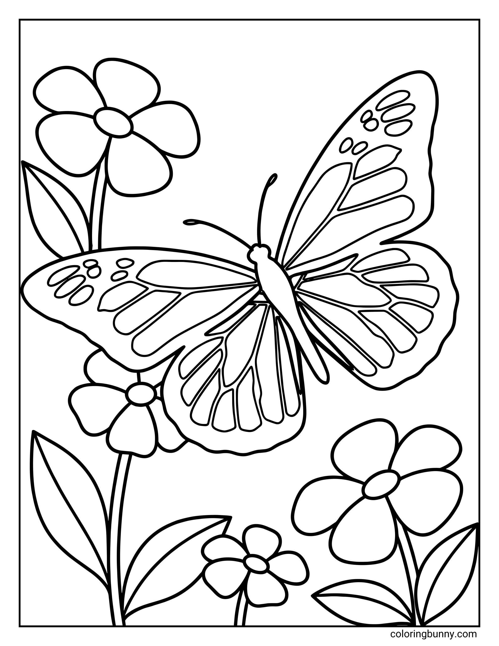 A monarch butterfly coloring page showing a butterfly with wide, patterned wings flying among simple blooming flowers and leafy stems.