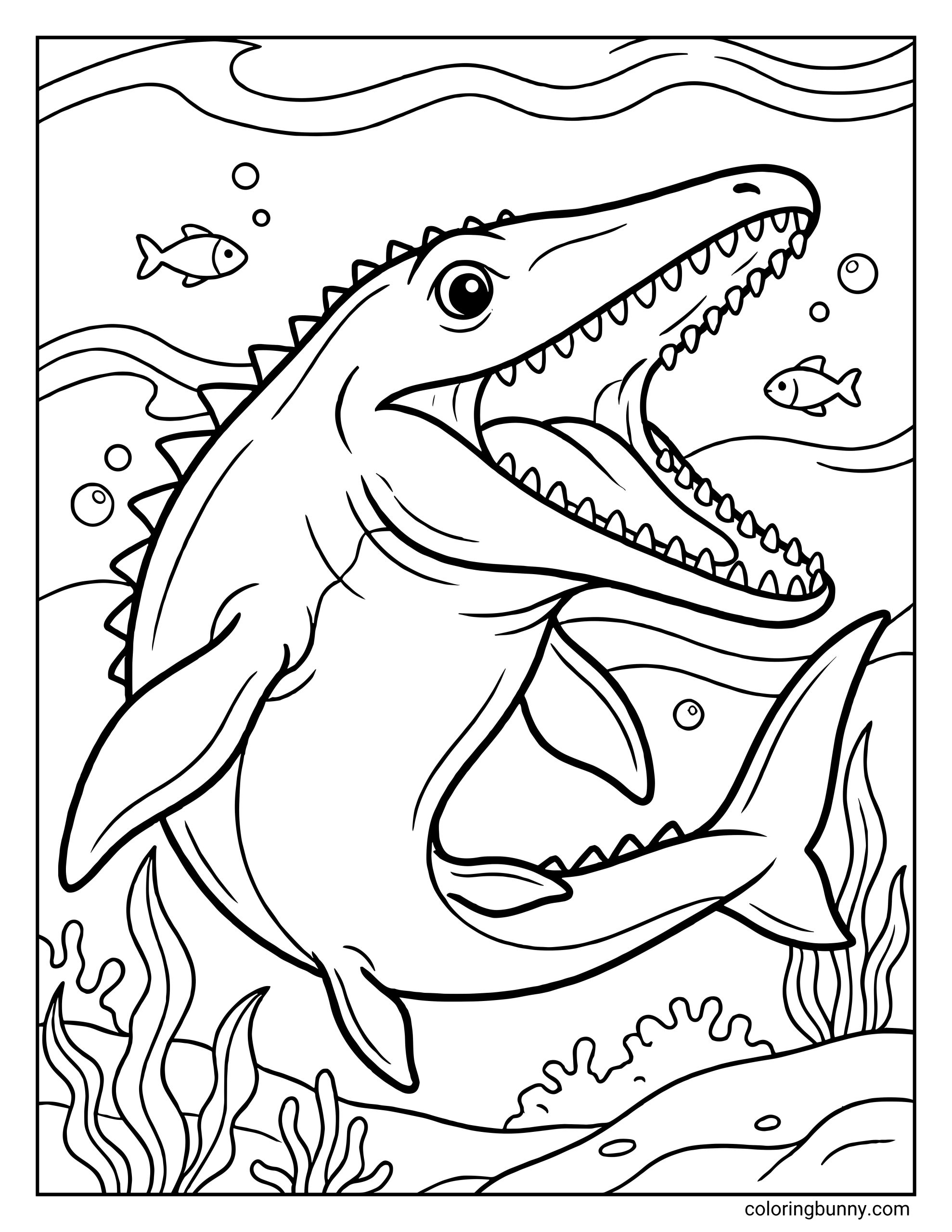 A Mosasaurus dinosaur coloring page showing a large, fierce-looking Mosasaurus swimming underwater with its mouth open, sharp teeth visible, surrounded by fish, bubbles, sea plants, and flowing ocean waves, illustrated with bold outlines for coloring.