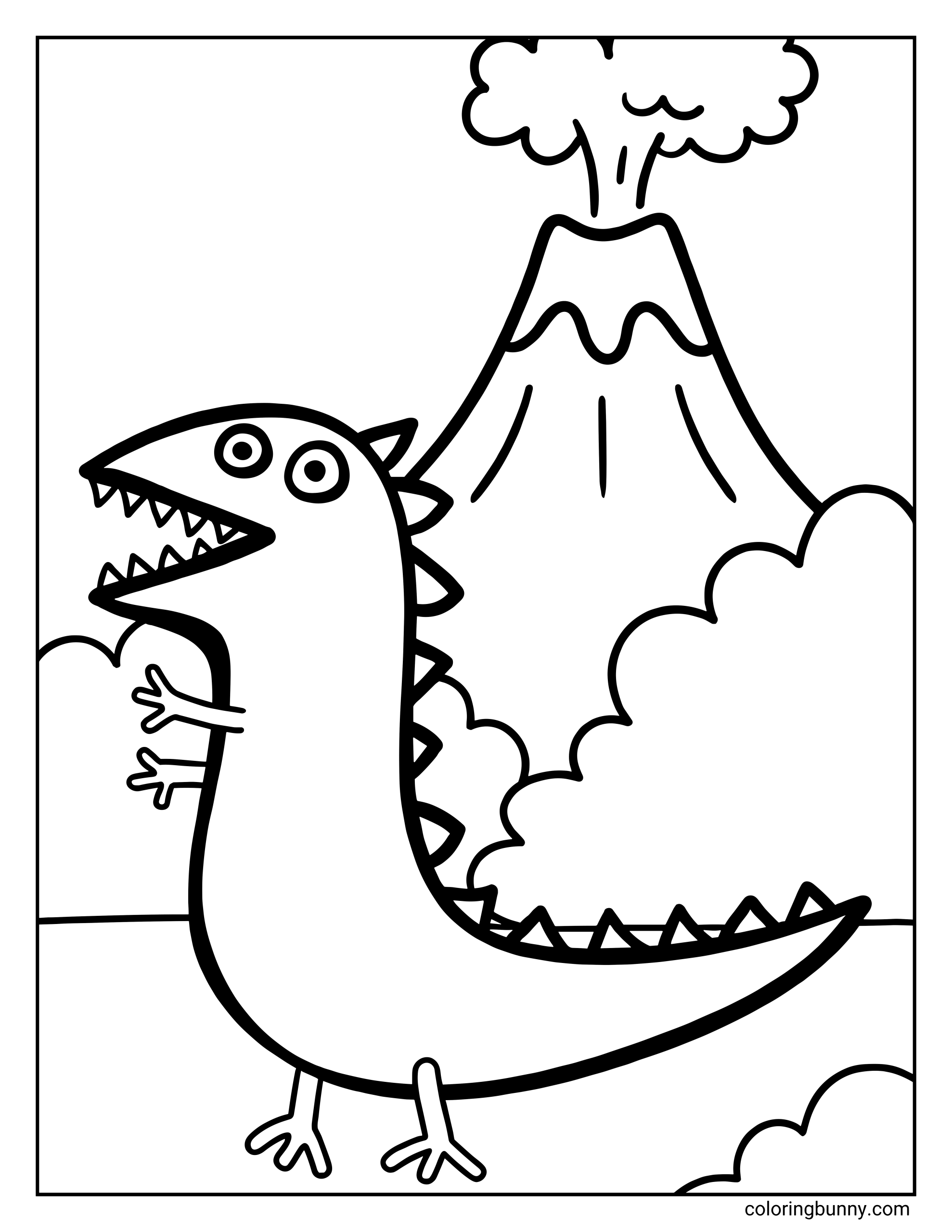 A Peppa Pig Mr. Dinosaur coloring page showing a large cartoon dinosaur standing upright with sharp teeth, small arms, spikes along its back and tail, and short legs, set in front of a smoking volcano with clouds around it.