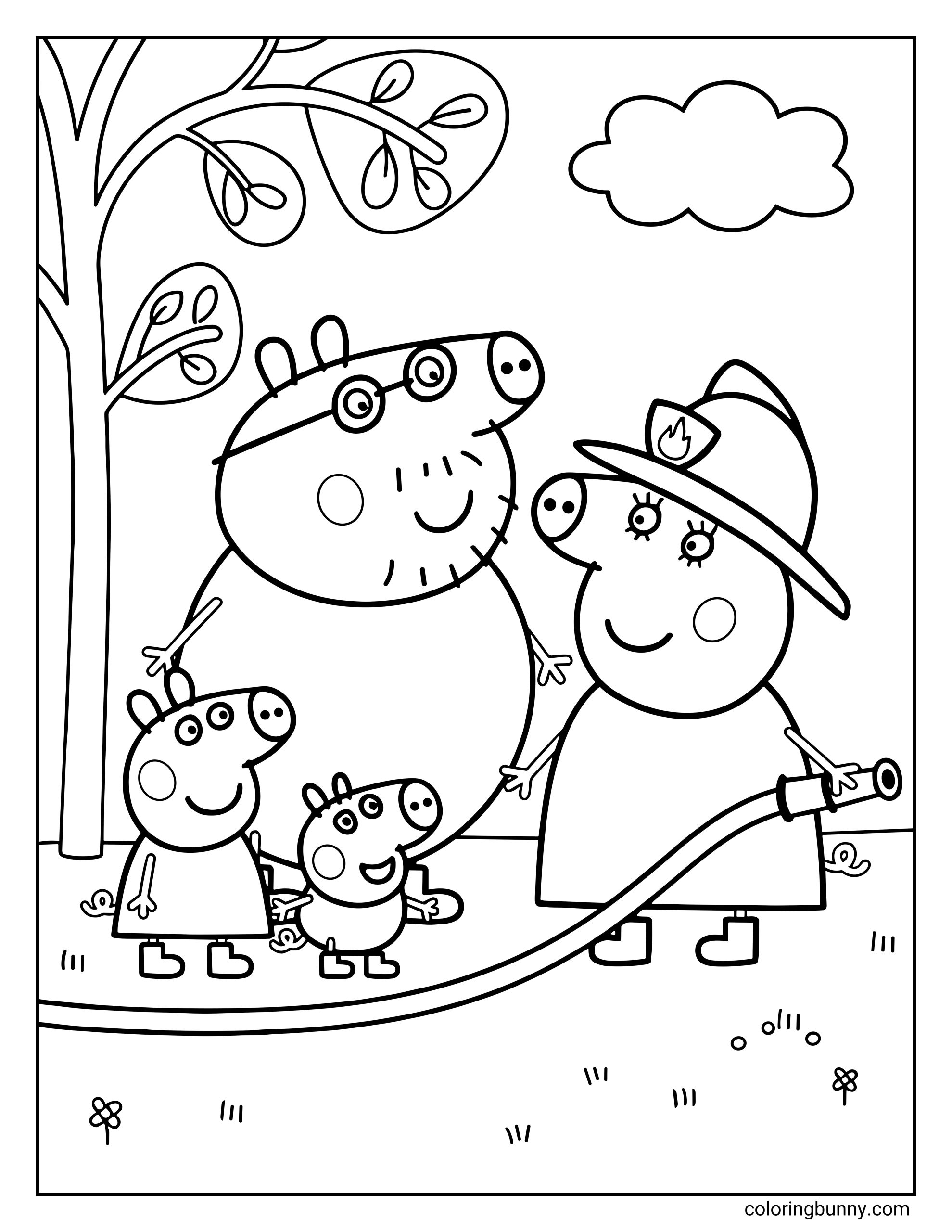 A Peppa Pig coloring page showing Mummy Pig dressed as a firefighter holding a hose, smiling alongside Daddy Pig, Peppa, and George as they stand together outdoors under a tree with a cloud in the sky.