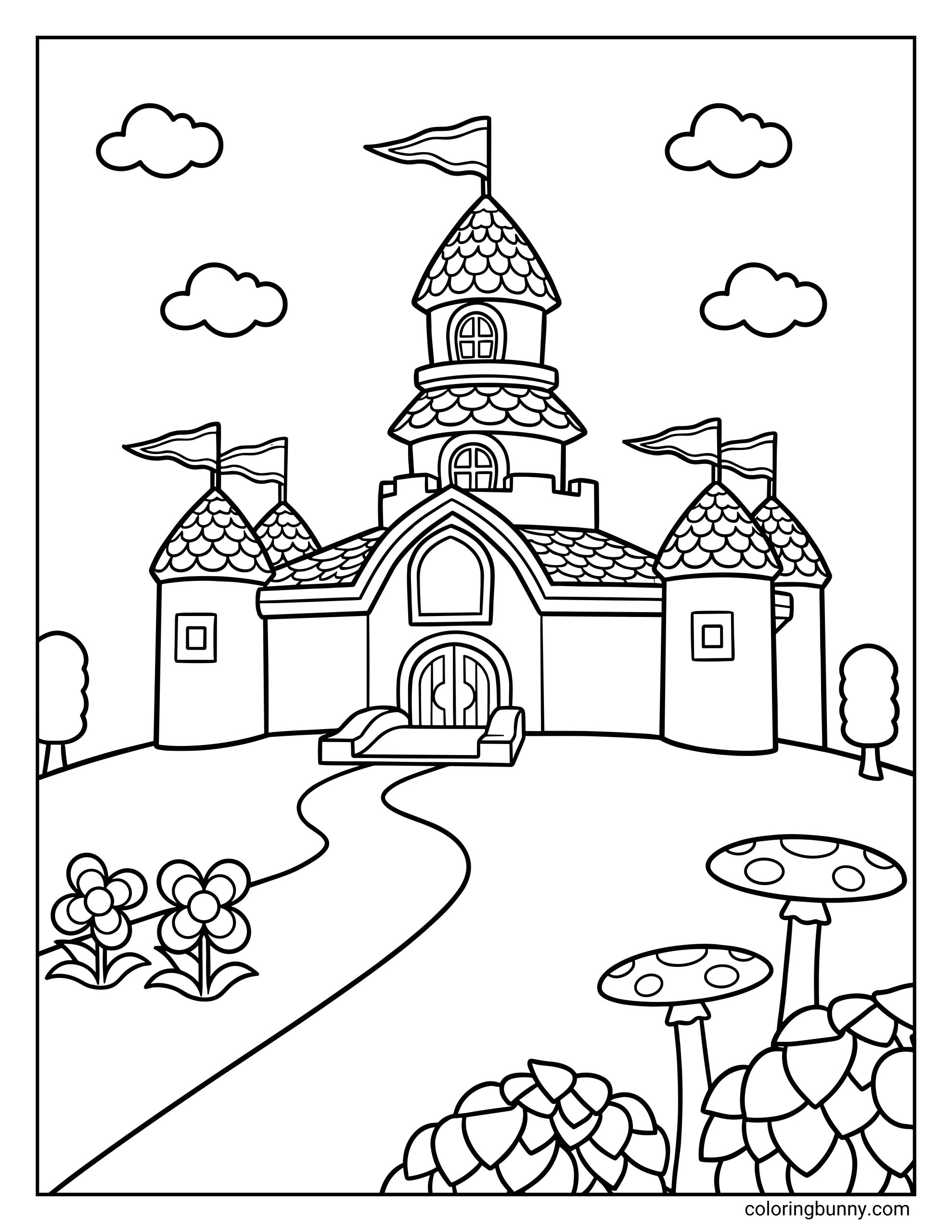 A Mushroom Kingdom coloring page featuring the iconic castle from the Mario universe set on a gentle hill. The castle has multiple towers with flags waving at the top, arched doors and windows, and a winding path leading to the entrance. Fluffy clouds float in the sky, with flowers, trees, and oversized mushrooms filling the foreground. The scene is drawn with clean, bold outlines and an open layout that makes it easy to color.