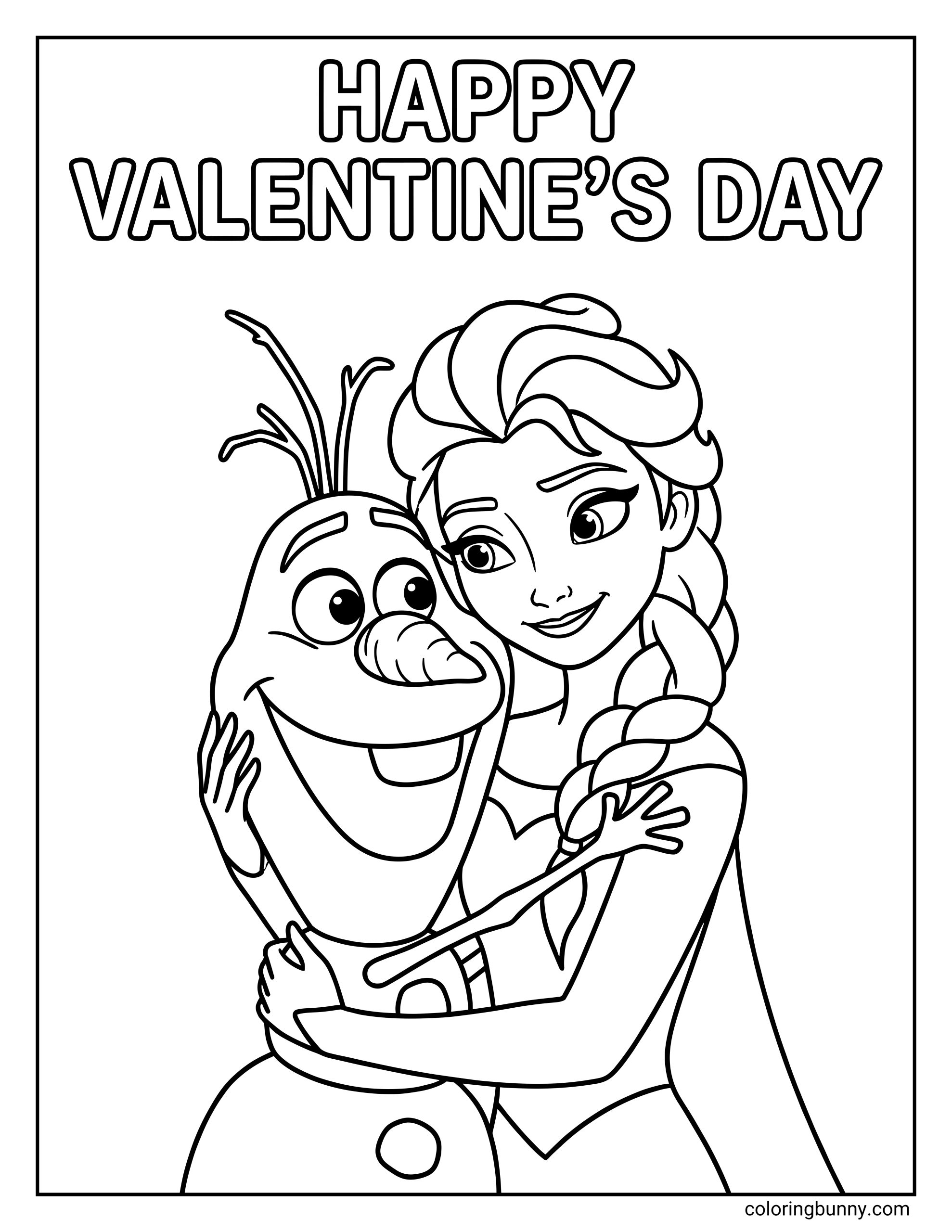 A black and white coloring page showing Elsa hugging Olaf the snowman beneath the heading "HAPPY VALENTINE'S DAY."